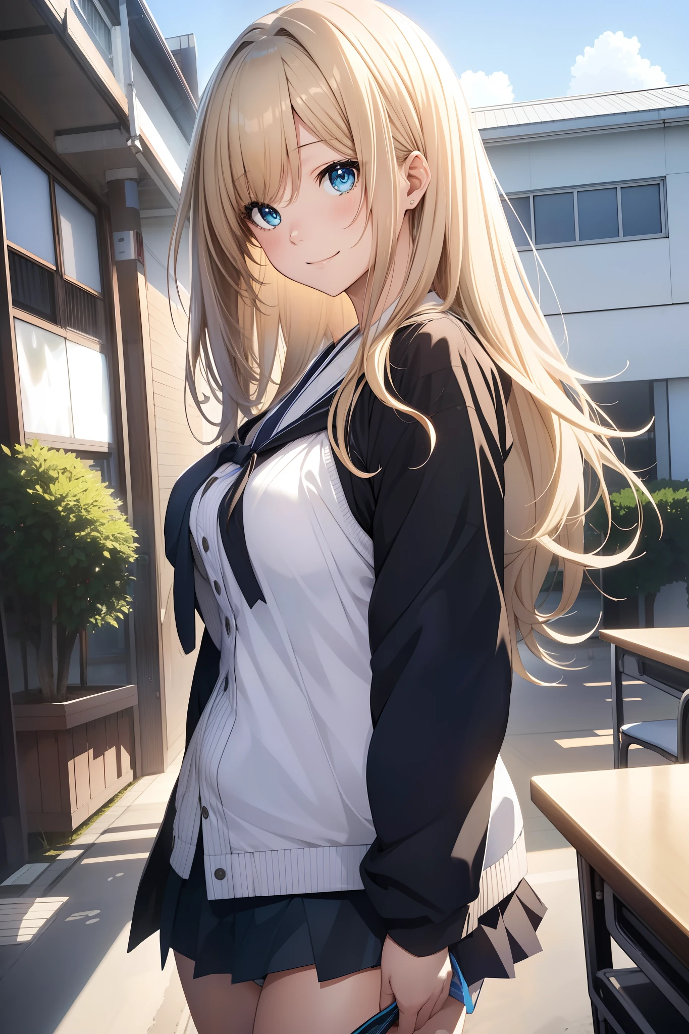 Blown by the long wind [blue-black:.3] hair,Looking at Viewer, (masutepiece:1.3), (8K, Photorealistic, Raw photo, Best Quality: 1.4), Japanese, (1girl in), Beautiful face, (Realistic face),{Wavy medium hair|Bob with long bangs|short hair with long bangs}{Black hair|Brown hair|Blonde hair}, Beautiful hairstyle, Realistic eyes, Beautiful detailed eyes, (Realistic skin), Beautiful skin, Attractive, 超A high resolution, A hyper-realistic, Highly detailed, Golden ratio,miku hatsune、blue hairs、Big、A smile、High school students、校服、lightly dressed、a miniskirt、white  panties、‎Classroom