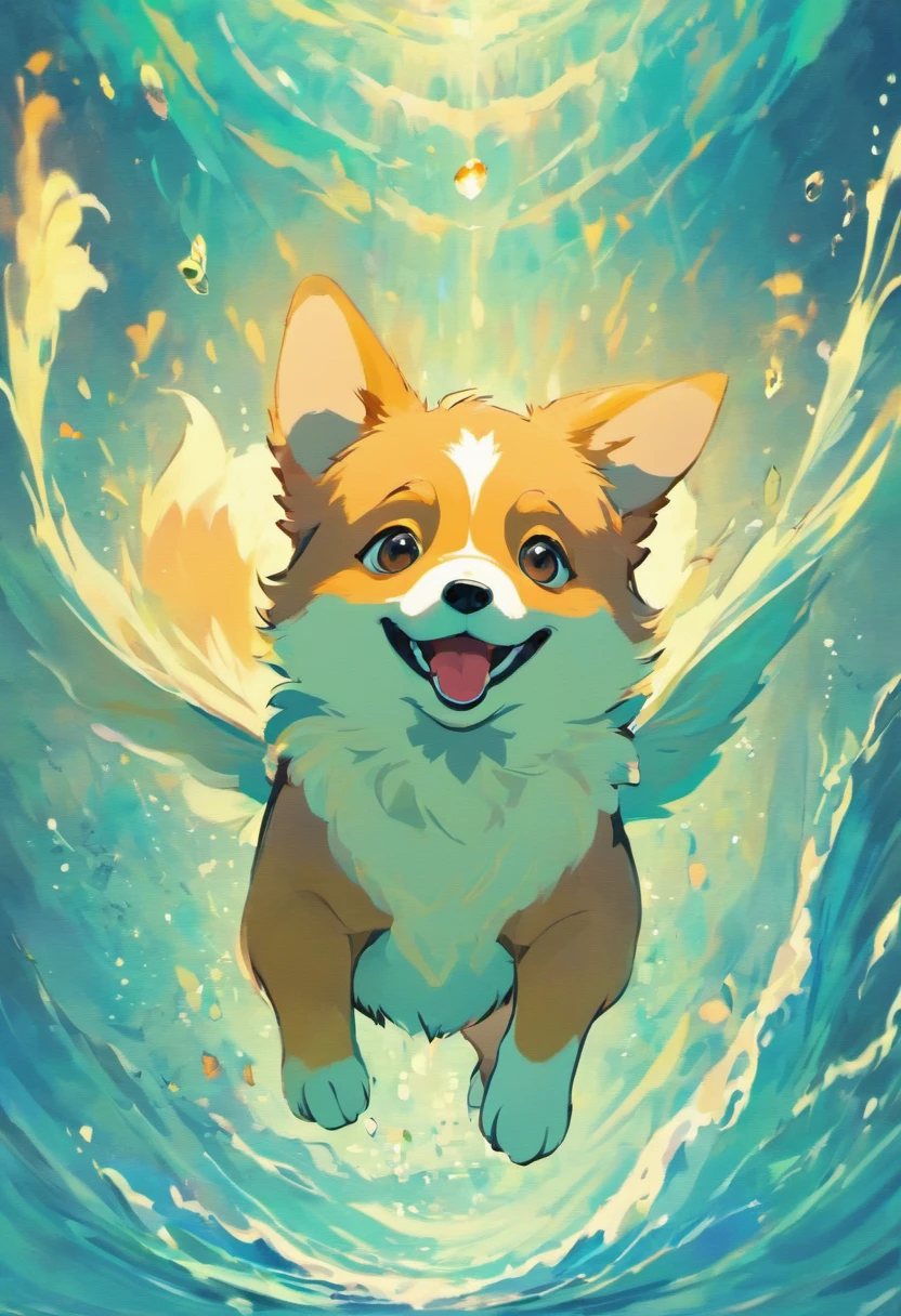 An emblematic logo of a vibrantly colored Welsh Corgi Pembroke dog, water elements, design simples, arte vetorial, minimum