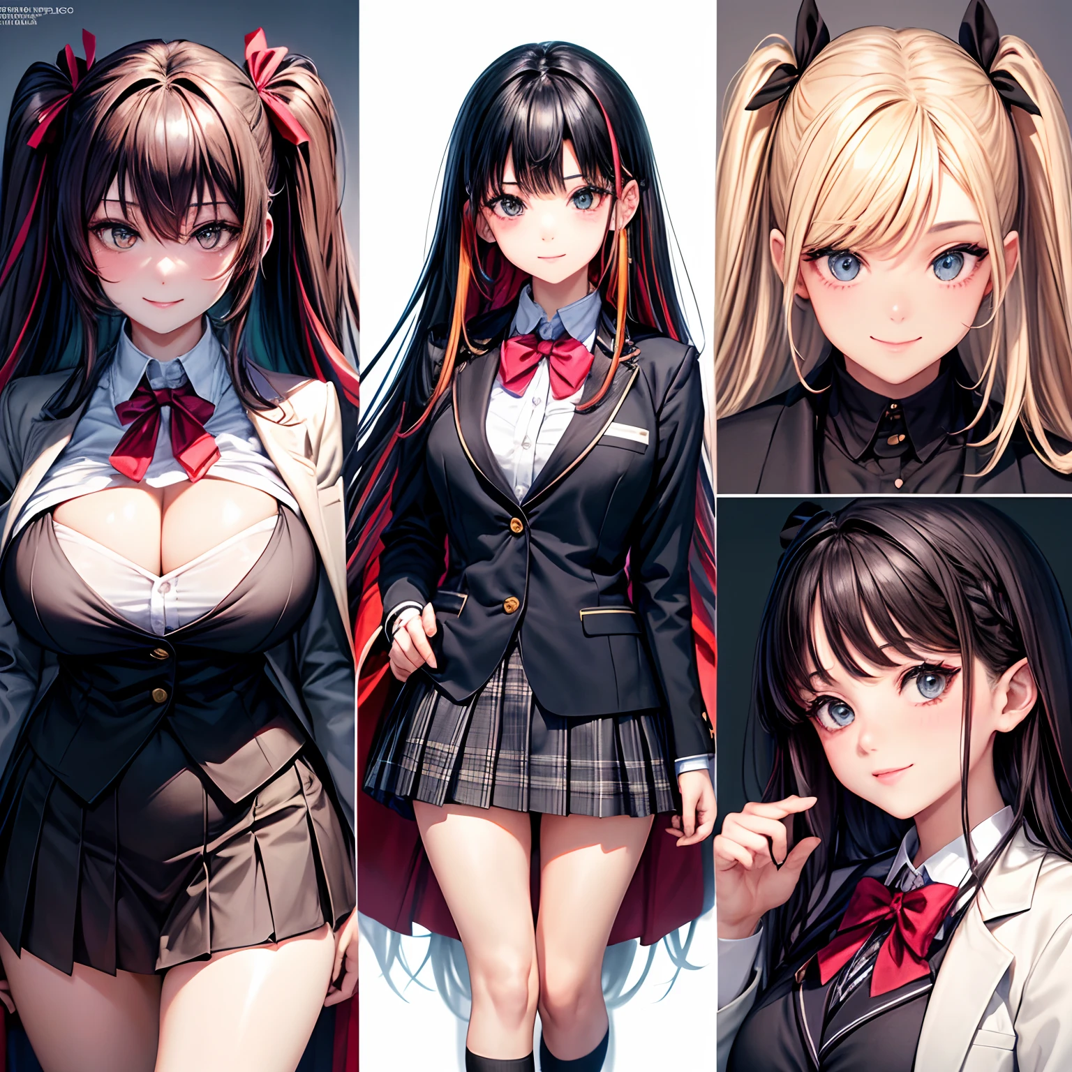 harems,a beauty girl,Multiple girls are depicted,girl with,A smile,Black School Uniforms,Ribbon on Blazer,top-quality,masterpiece,Colossal tits,超A high resolution,multicolored hair,Excellent style,Perfect facial features,a beauty girl,modeled,girl,