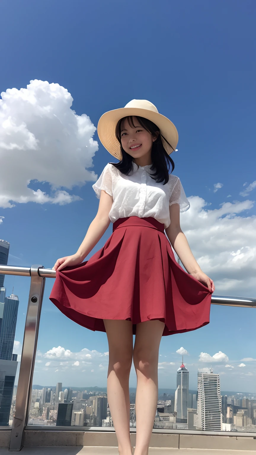 Trapeze girl。She wears a red dress and a white hat.、She has short black hair.。Although she bravely turned over,,,,,,,,、The smile is very cute。There were no socks or shoes on her feet、Barefoot on trapeze。She looked free and happy.、The envy of viewers。Blue sky and clouds on background、Skyscrapers and Ferris wheels can be seen in the distance。In contrast to the hustle and bustle of the city、She plays quietly in the air、The skirt flips up.