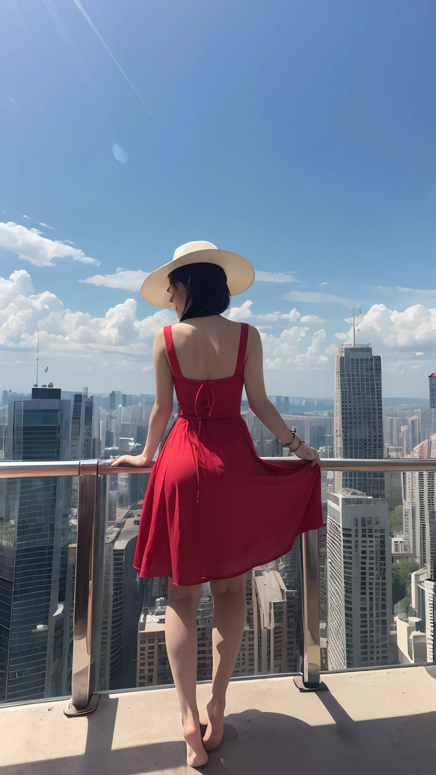 Trapeze girl。She wears a red dress and a white hat.、She has short black hair.。Although she bravely turned over,,,,,,,,、The smile is very cute。There were no socks or shoes on her feet、Barefoot on trapeze。She looked free and happy.、The envy of viewers。Blue sky and clouds on background、Skyscrapers and Ferris wheels can be seen in the distance。In contrast to the hustle and bustle of the city、She plays quietly in the air、The skirt flips up.