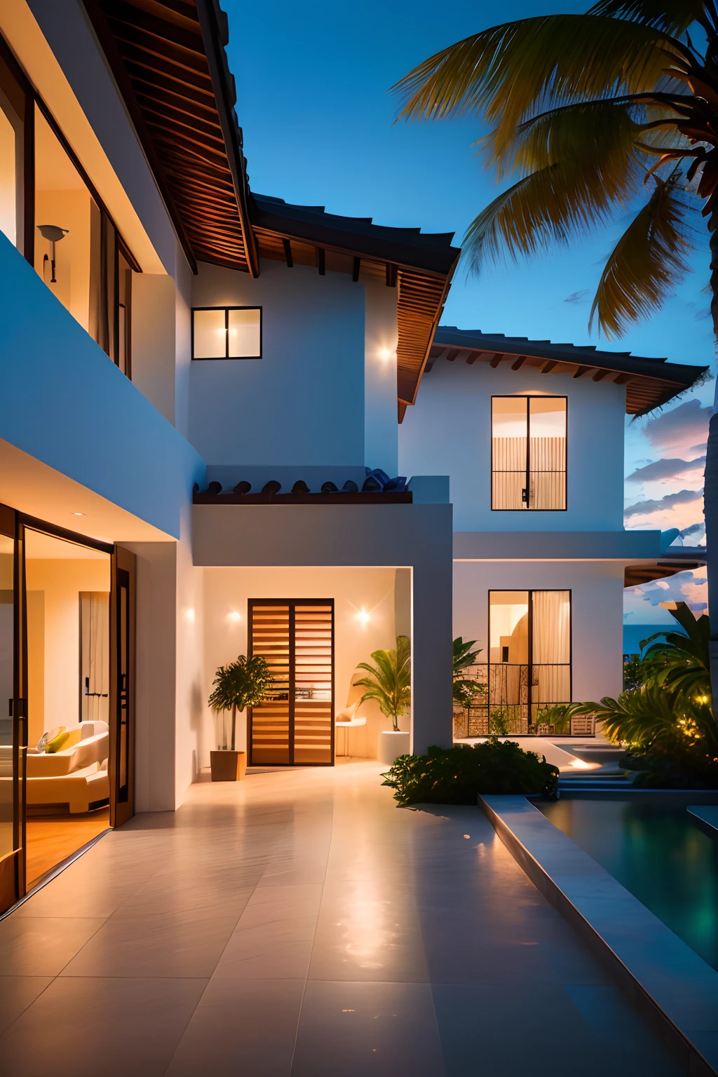 Casa de estilo Jacobs, Luxury Caribbean beachfront villa, Open Glass Space with Rooftop Garden, moderno, dynamic (Foto RAW, real, La mejor calidad, Obra maestra:1.2), (hiperrealista, fotorrealista:1.2), alta calidad, (dark ilumination:1.2), Perfect lighting