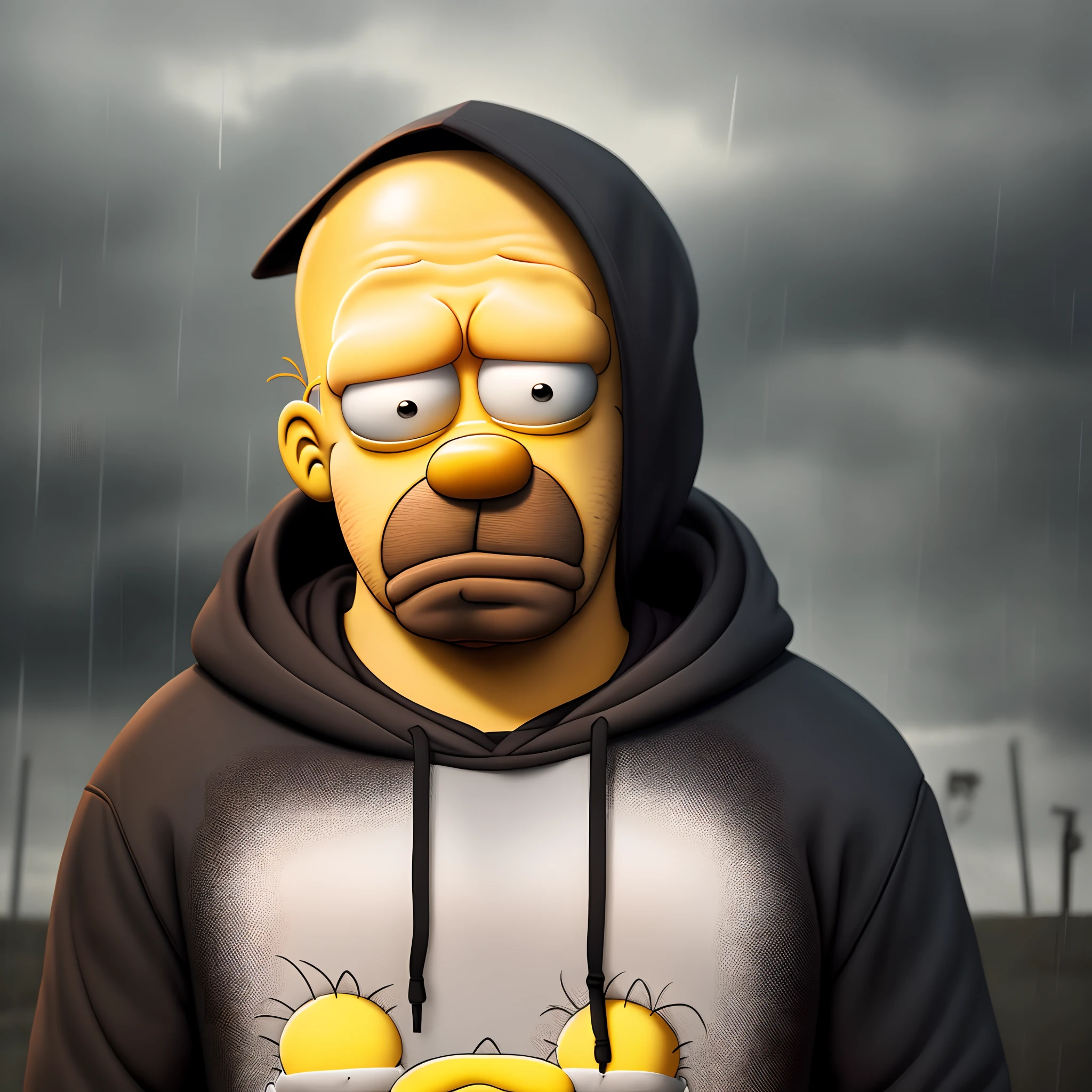 Very sad Homer from the Simpsons in a black hoodie with the background being rainy