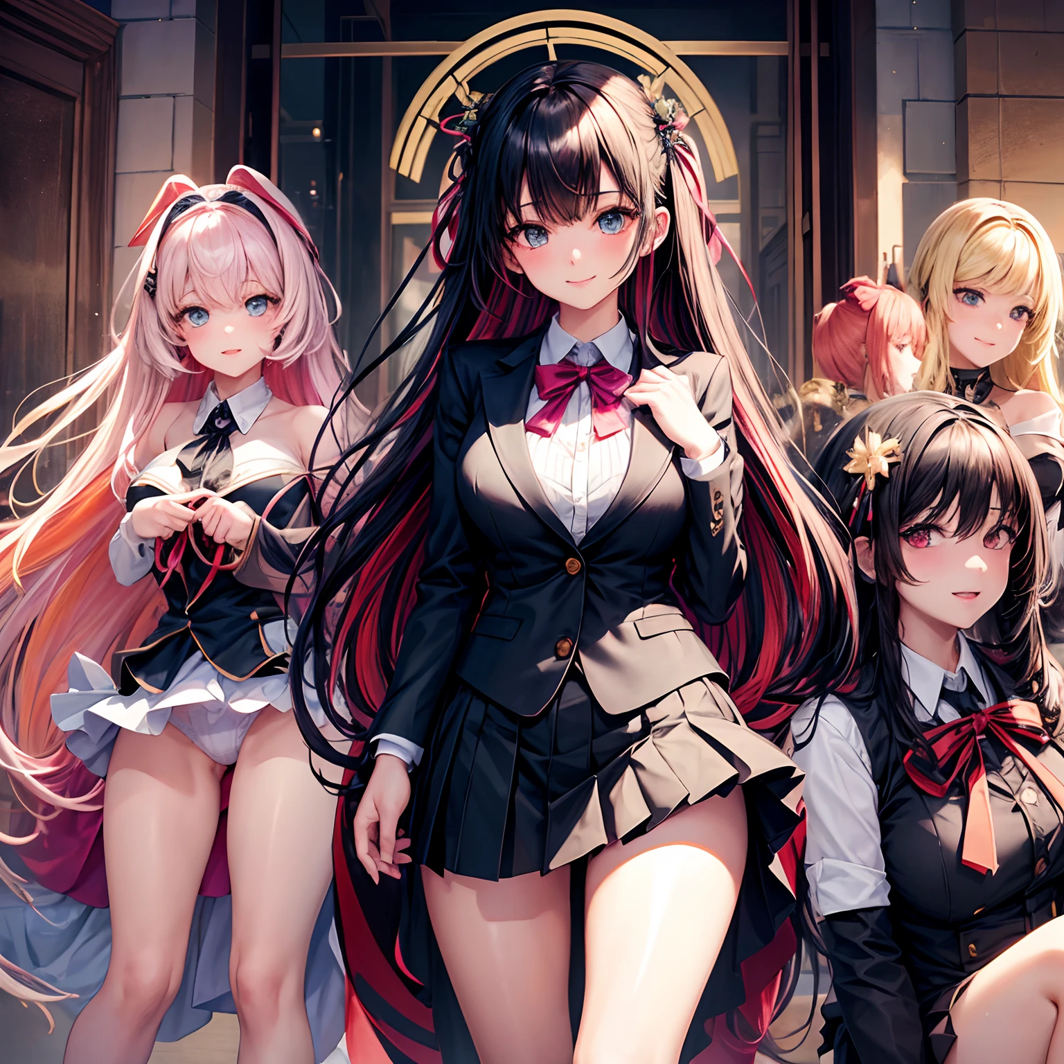 harems,a beauty girl,Multiple girls are depicted,girl with,Beautiful Girls,A smile,Black School Uniforms,Ribbon on Blazer,top-quality,masterpiece,Colossal tits,超A high resolution,multicolored hair,Excellent style,Perfect facial features,a beauty girl,modeled,girl,Long,