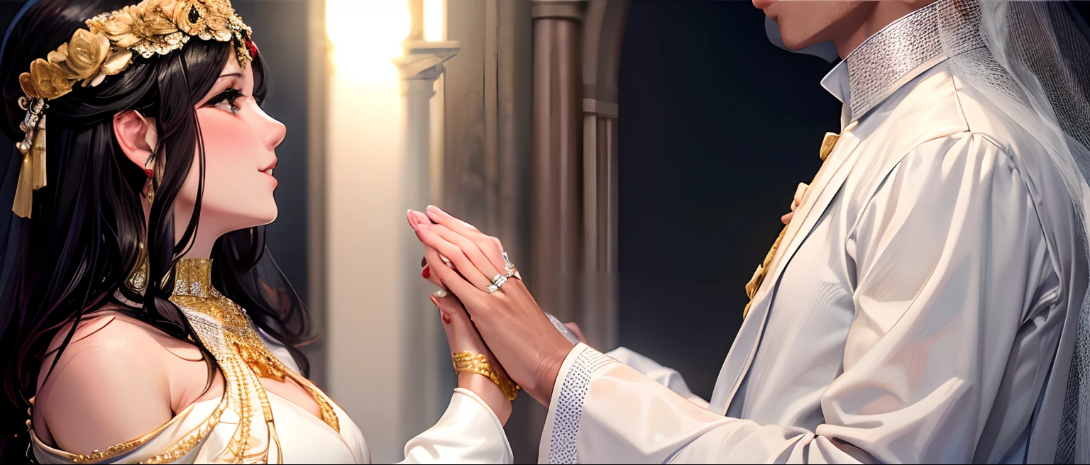 Bride and groom during the wedding ceremony, Hands in the frame close-up, holding each other's hands, Bride wears rings with diamonds on her fingers, The groom has a black and gold ring on his finger, white robes