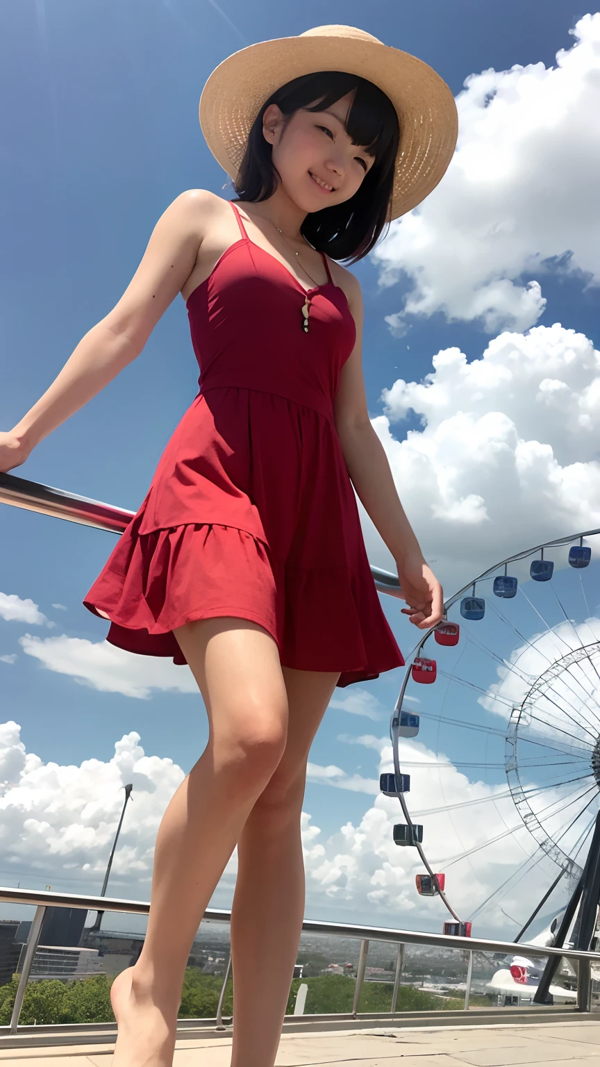 Trapeze girl。She wears a red dress and a white hat.、She has short black hair.。Although she bravely turned over,,,,,,,,,、The smile is very cute。There were no socks or shoes on her feet、Barefoot on trapeze。She looked free and happy.、The envy of viewers。Blue sky and clouds on background、Skyscrapers and Ferris wheel can be seen in the distance。In contrast to the hustle and bustle of the city、She plays quietly in the air、The skirt flips up.