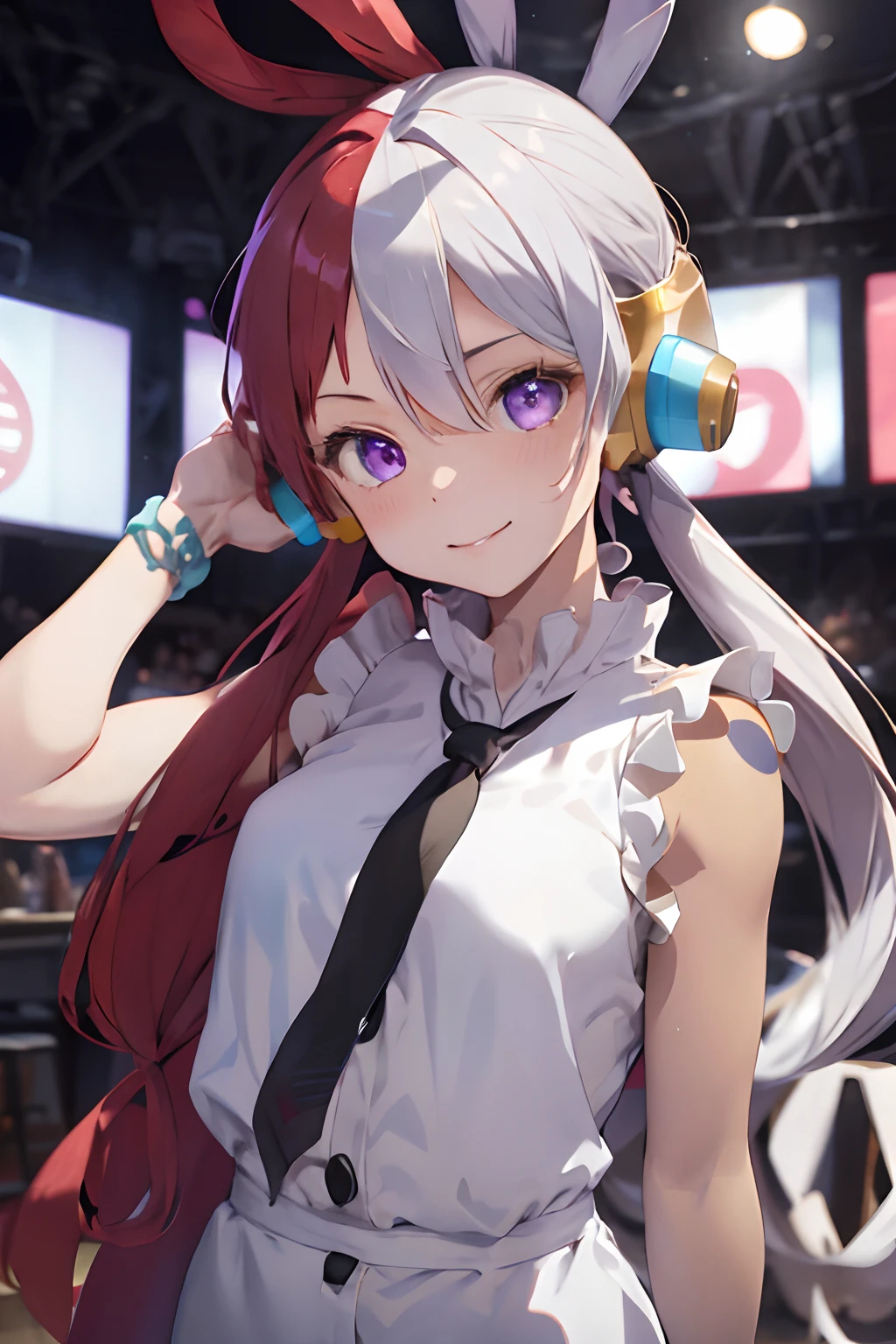 masterpiece, top-quality, hight resolution, 1girl in, split-colored hair, Hair above one eye, red hairs, O cabelo multicolorido, length hair, a purple eye, hair rings, robe blanche, headphones, White hair, a black ribbon, bangss, Sleeveless, Medium chest, feet pose, A smile, tusk, Dome Stage、