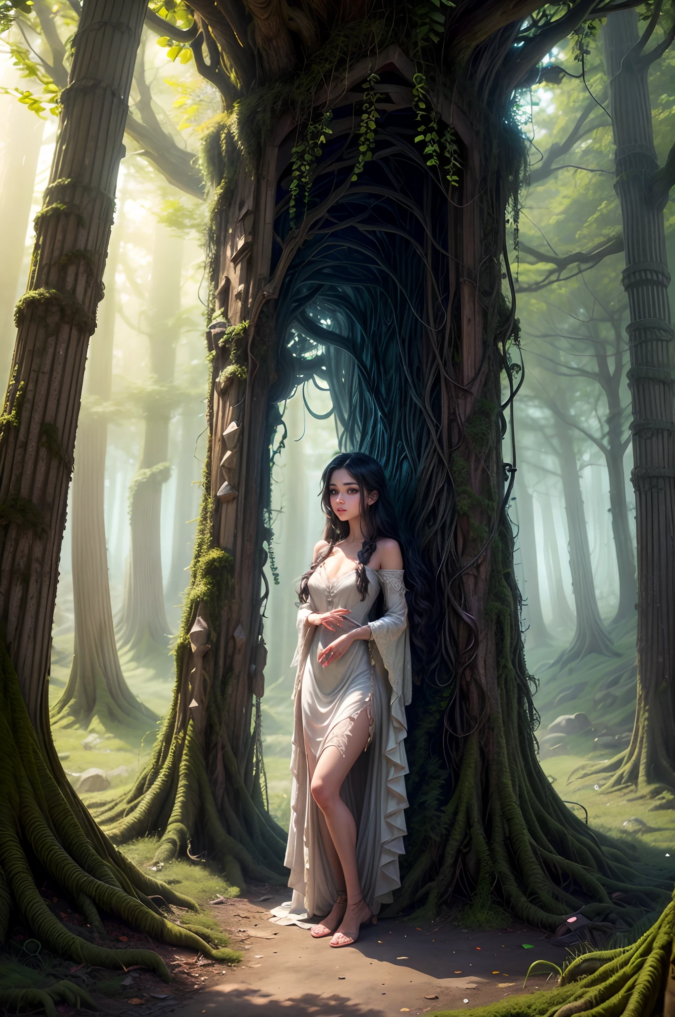 A brunette sexy naked woman with long hair, medium breasts covered by her right arm. She is standing with crossed legs on tiptoes, her right arm covers her breasts and her left hand is touching her hip. shot with a 28 mm lens, dramatic lighting through the trees, natural background, forest, full body in frame, super sharp face, perfect harmony. by Anthony Devas, by Niklaus Manuel, by Michalis Oikonomou, by Adam Dario Keel, by Adrian Zingg, arian mark, glamour photography.