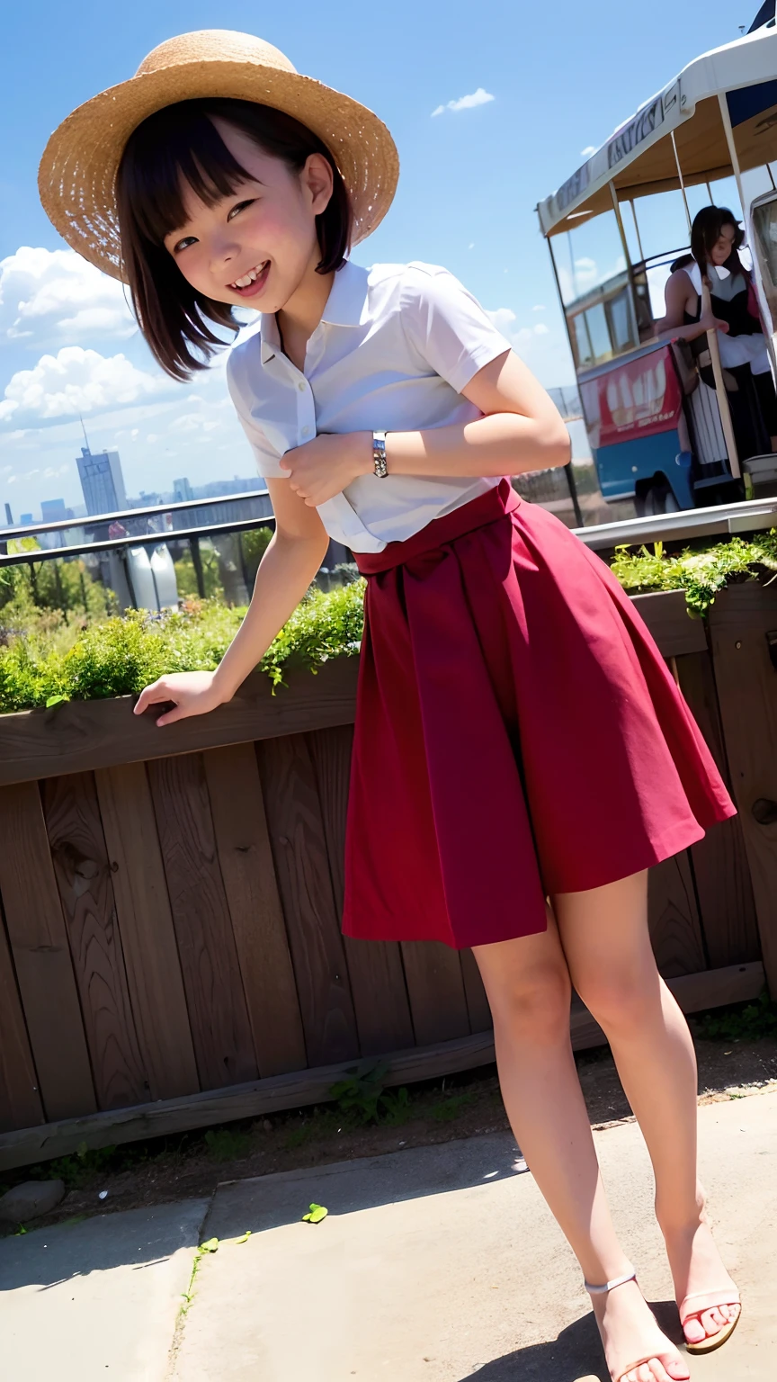 Woman wearing a black mini skirt,Elementary school girl in Japan,Squat with your legs wide apart。Panties visible through the miniskirt,Red fancy pants,