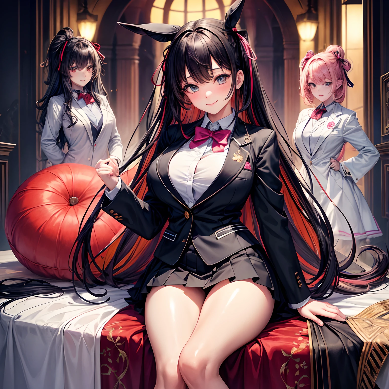 harems,a beauty girl,Multiple girls are depicted,girl with,Beautiful Girls,A smile,Black School Uniforms,Ribbon on Blazer,top-quality,masterpiece,Colossal tits,超A high resolution,multicolored hair,Excellent style,Perfect facial features,a beauty girl,modeled,girl,Long,
