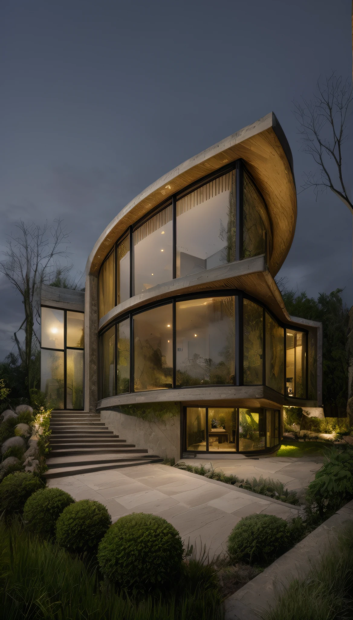 exterior of modern house in a beautiful garden, in the twilight, cinematic, rough-hewn wall, transparent glass, lighting indoor