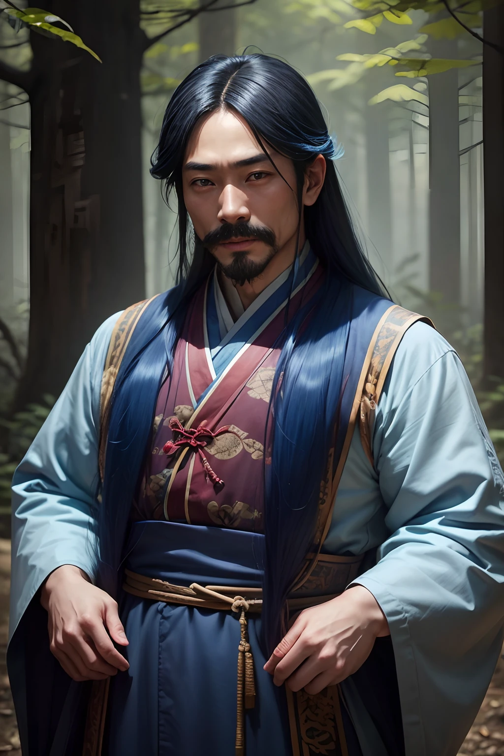 The background in the forest, a 30-year-old man, named Wang, narrow eyes, mustache, long blue hair, thin lips, wearing blue chinese antique clothes, Sinister laughter