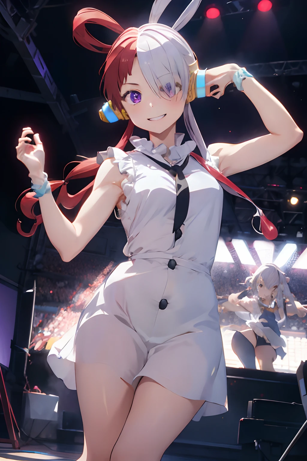masterpiece, top-quality, hight resolution, 1girl in, split-colored hair, Hair above one eye, red hairs, O cabelo multicolorido, length hair, a purple eye, hair rings, robe blanche, headphones, White hair, a black ribbon, bangss, Sleeveless, Medium chest, feet pose, A smile, tusk, Dome Stage、