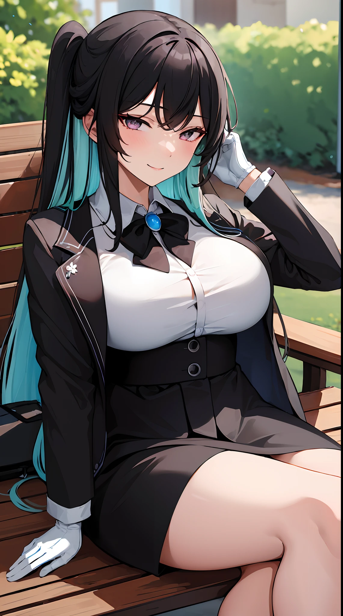 (masterpiece, best quality:1.2), (big boobs),  intricate details, ado, 1girl, multicolored hair, long hair, collared shirt, jacket, light smile, bangs, gloves, long sleeves, (mature female:1.2), in the park, sit down