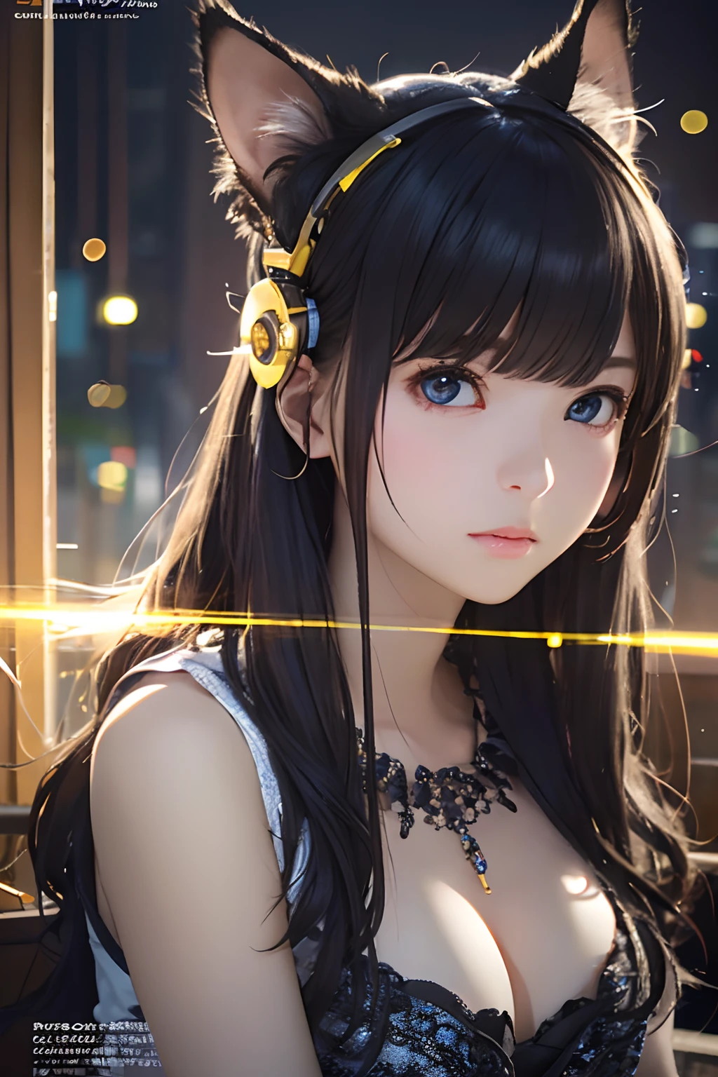 top-quality、masterpiece、超A high resolution、(Photorealsitic:1.4)、女の子1人、co-sleeping、Black hair、glowy skin、((super realistic details))、Global Illumination Octane Rendering、in 8K、ultrasharp、Raw skin is exposed in cleavage、metals、gear wheel、Hydraulic cylinder、Details of complex ornaments、Gothloli details、Luminous tube、highly intricate detail、Realistic light、radiant eyes、Facing the camera、Cat's ears、sitting on、Wires and cables connecting to the head、depth of fields、Brobby background