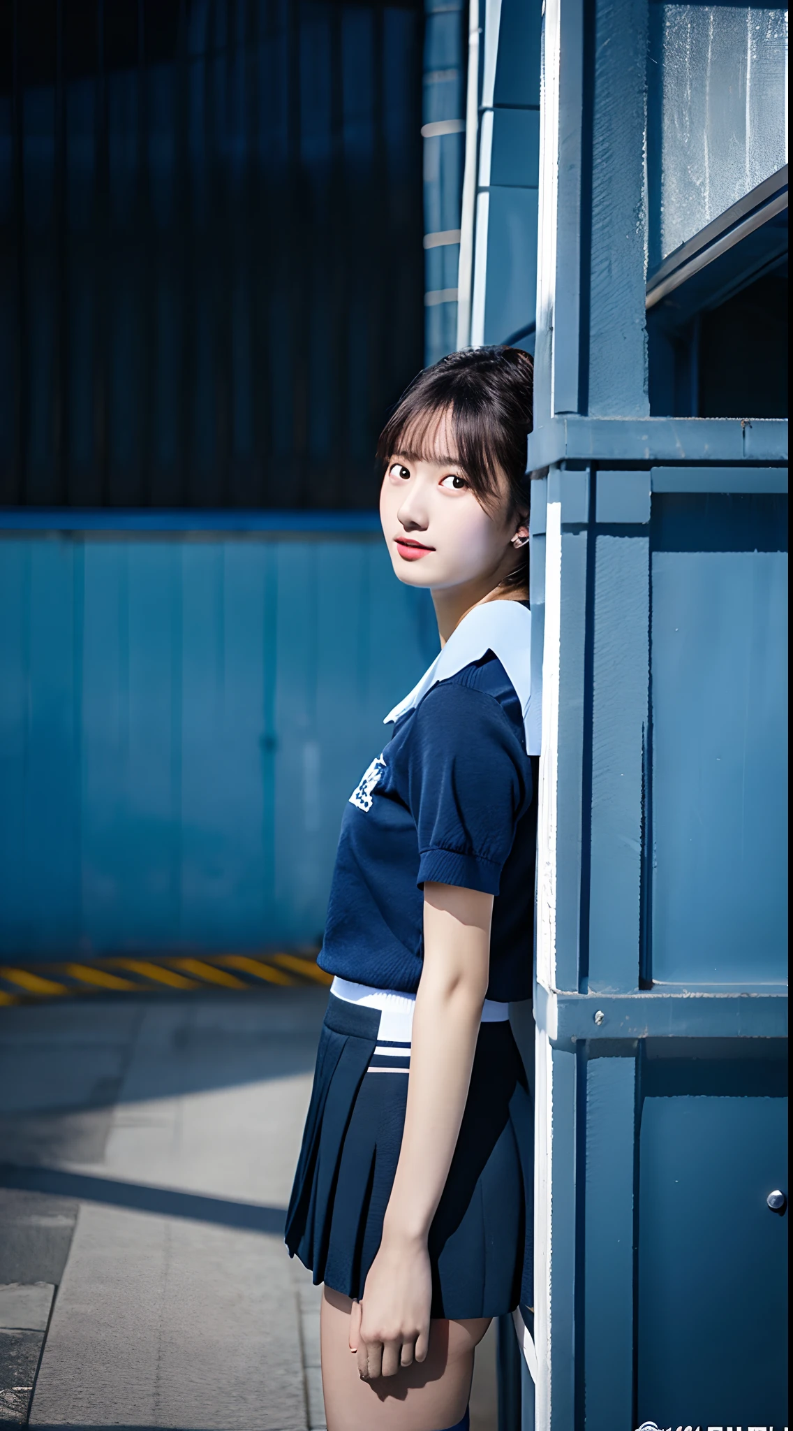 18-year-old high school girl in dark blue miniskirt