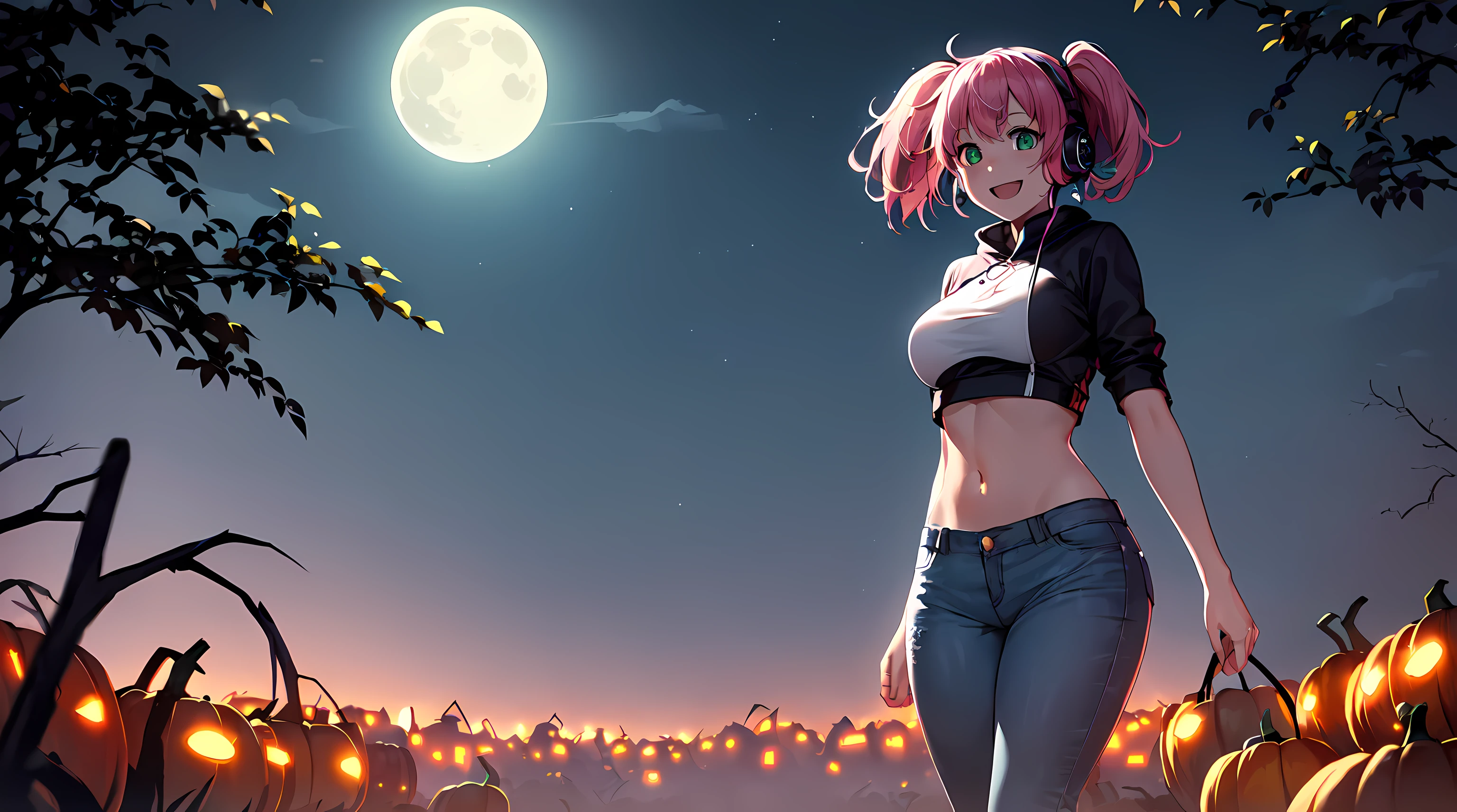 ​masterpiece, 1girl ((20year old, crop top exposes navel, tight blue jeans, sneakers, , multicolor pink hair, twin ponytails, perfect model body, green eyes:1.4, , happy, big smile, headphones, standing in a pumpkin patch with hay bales and pumpkins in the background at night, moonlight:1.2, scary, spooky atmosphere:1.2)) ((nighttime)) ((solo:1.6))