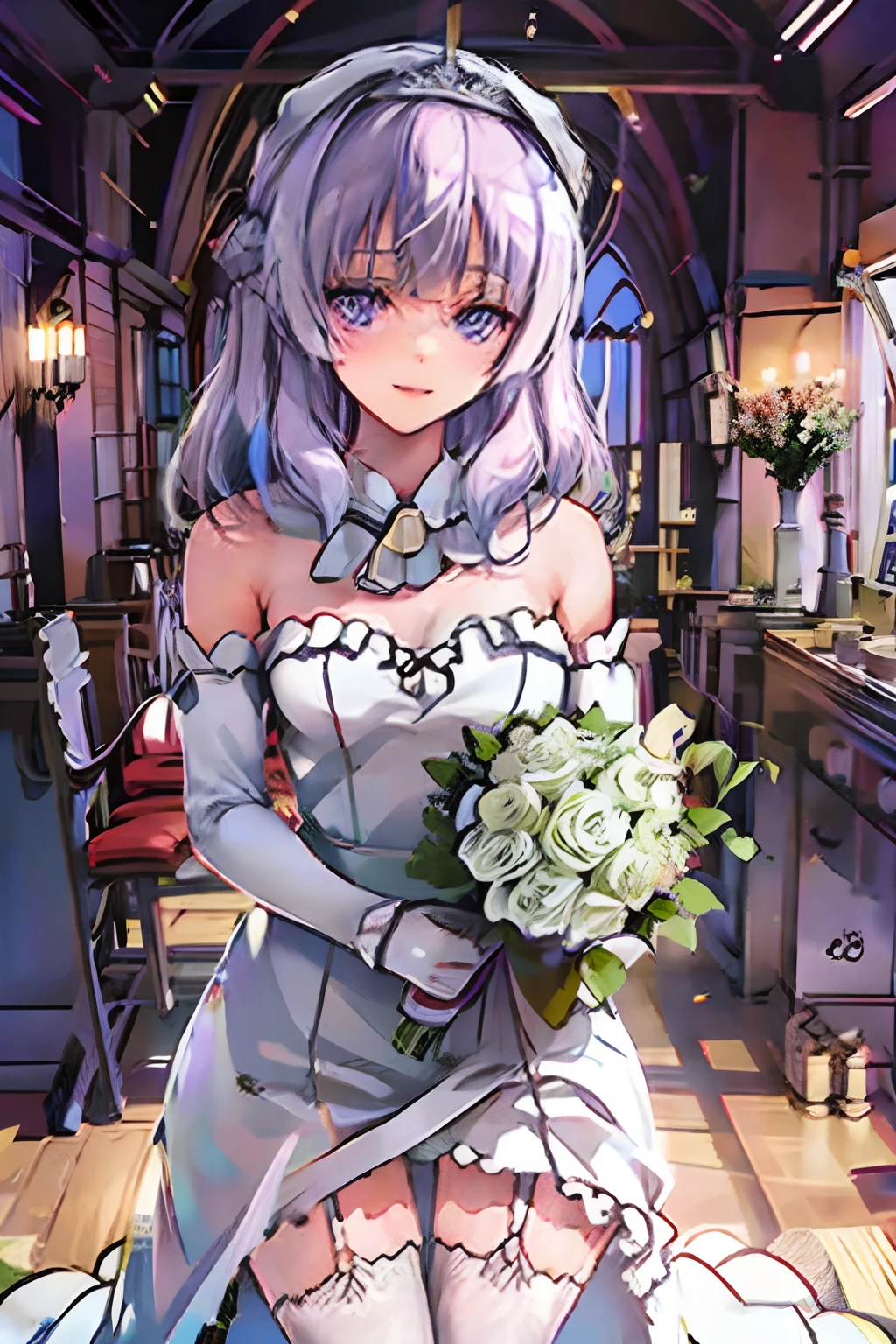 classroom of the elite, cote, arisu sakayanagi, wedding, in a wedding dress, focus on face, extreme close up, wedding dress, white wedding dress, lilac hair, violet eyes, holding bouquet of flowers, anime girl, anime style, in the style of classroom of the elite, light novel, shoulders up, wedding veil across face, in church, reception, at altar, no hat, flower crown.