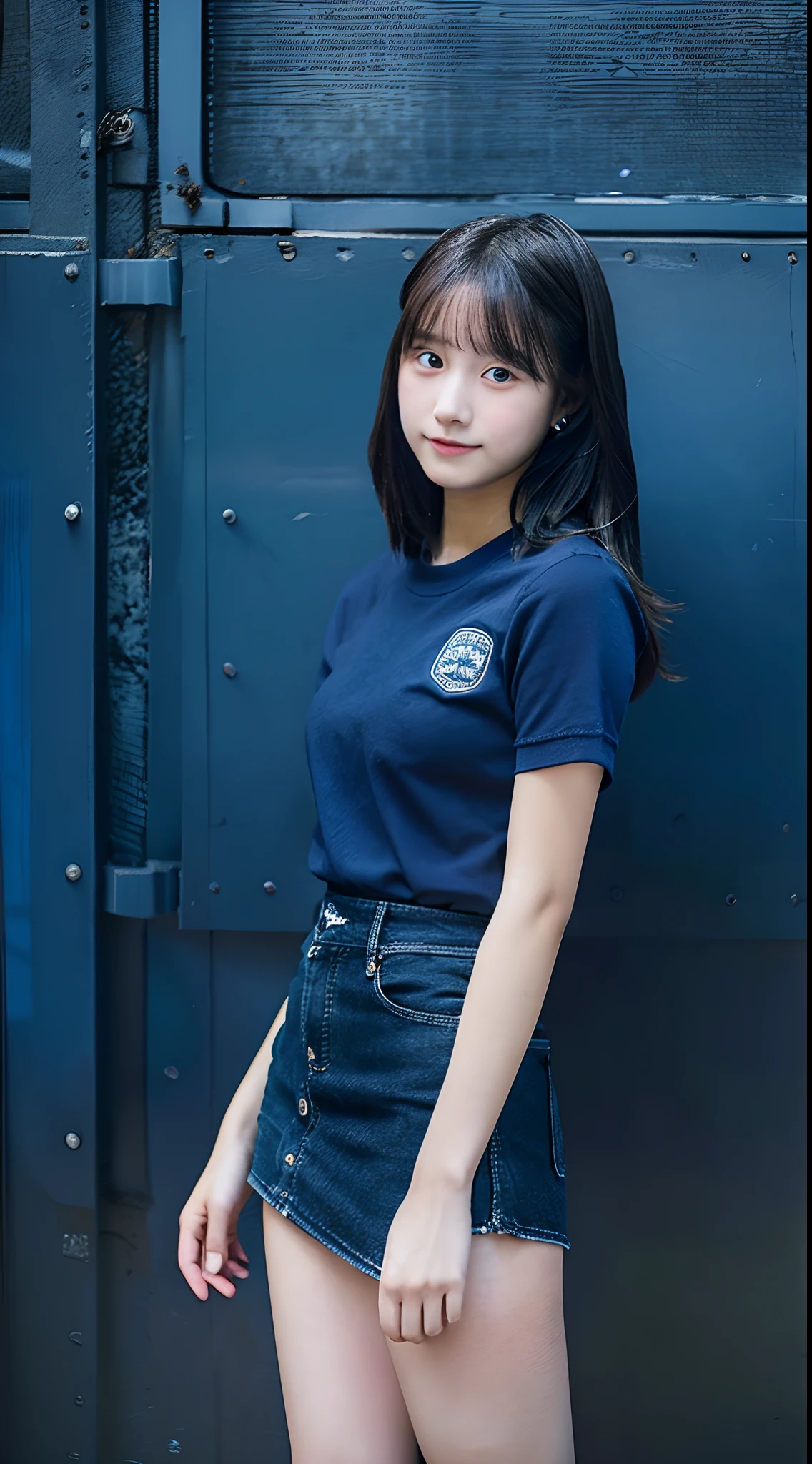 18-year-old high school girl in dark blue miniskirt