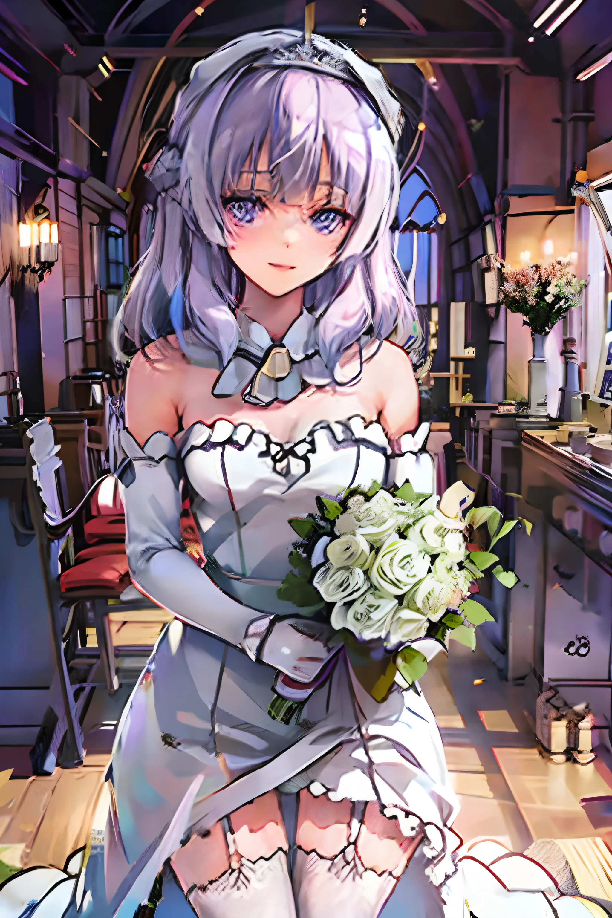 classroom of the elite, cote, arisu sakayanagi, wedding, in a wedding dress, focus on face, extreme close up, wedding dress, white wedding dress, lilac hair, violet eyes, holding bouquet of flowers, anime girl, anime style, in the style of classroom of the elite, light novel, shoulders up, wedding veil across face, in church, reception, at altar, no hat, flower crown.