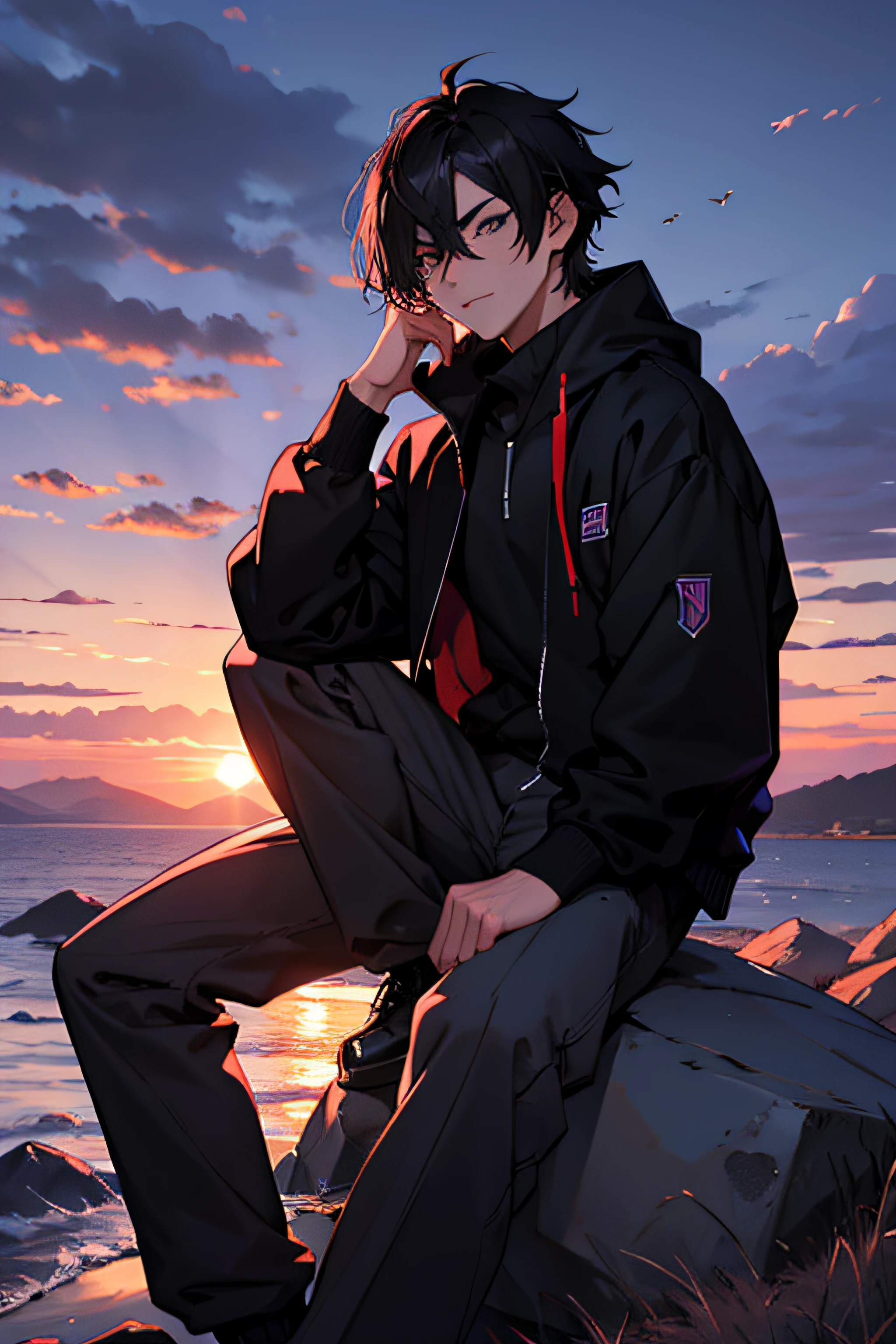 high school boy wearing black clothes sitting on a rock, black hair, black eyes, right eye covered by his hair, red-purple sunset sky, looking at viewer