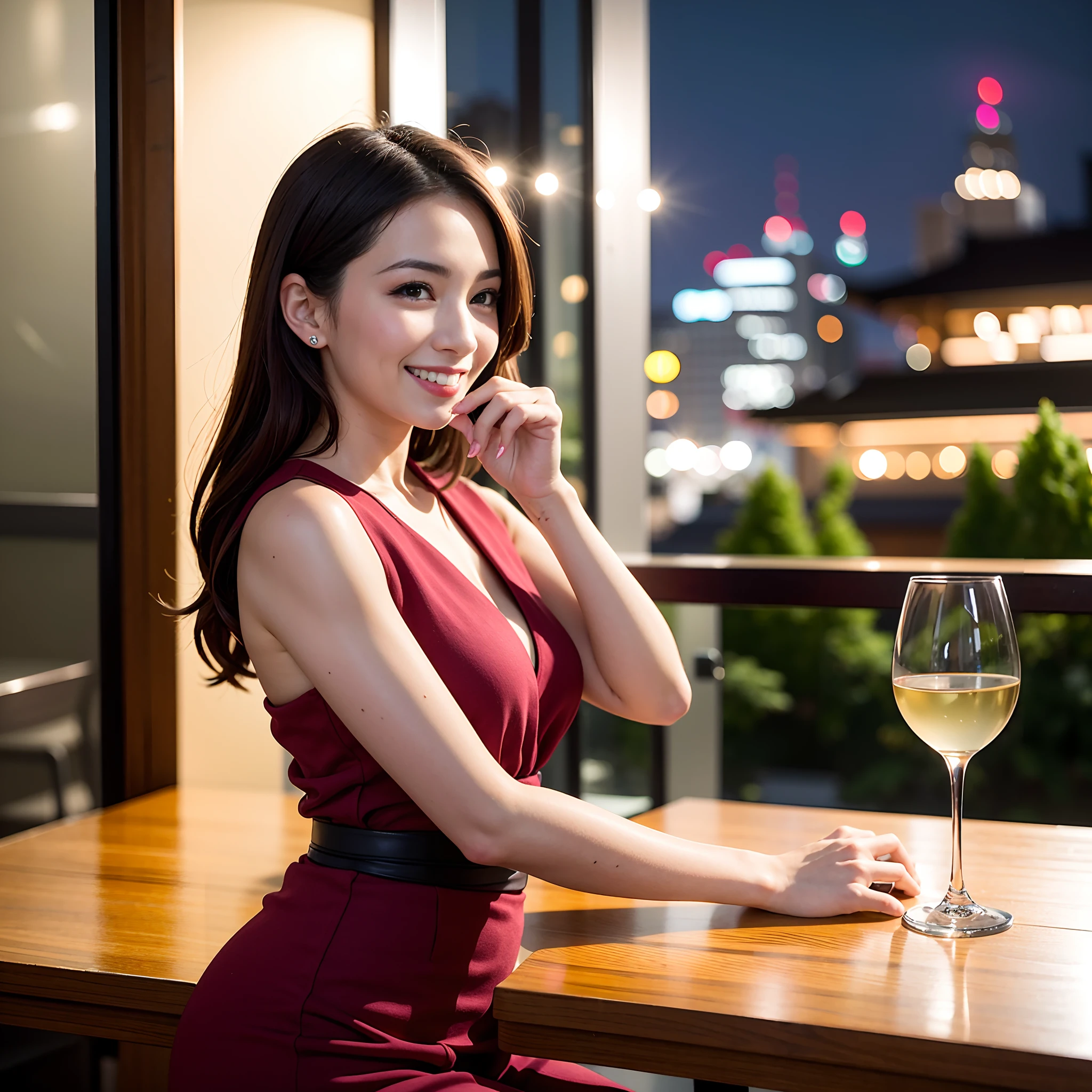 (64K, UHD, top quality, masterpiece: 1.2), (realistic, photorealistic: 1.37), super detailed, pretty woman 1 person, (slim face), (slim body), (brown hair), (short cut), cheeks slightly blushing, (35 years old), 38 years old, solo, beautiful detailed urban night view outside the window, restaurant, wine glasses sit, at night, in a prominent place (from the waist up) NovaFrogStyle, Actress, Model, Waist Up, White Wine, Slim, Wine Glass, Super Clean Night View, Wine Glass Put in the Middle, Happy Smile, (Smile: 1.15), Beautiful Fine Eyes, Upper Body, Bust Japan Up, Night, Short, Short, Actress, Model, Waist Up, White Wine, Slim, Wine Glass, Super Clean Night View, Wine Glass Put in the Middle, Happy Smile,