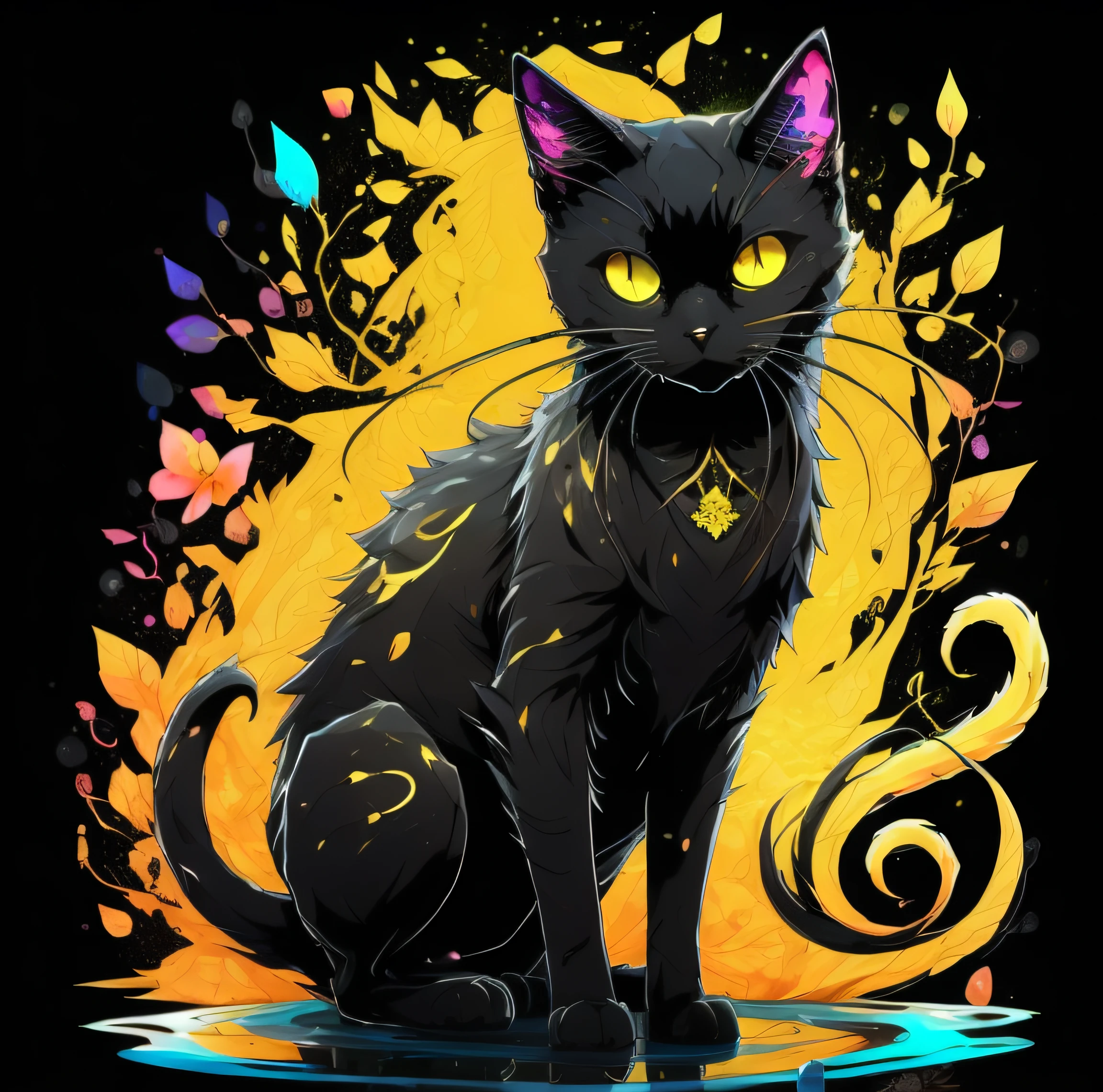black cat with yellow background