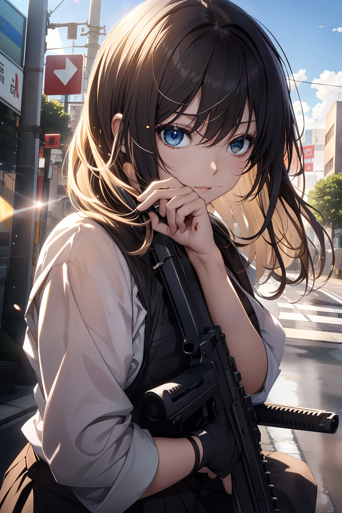 Blown by the long wind [blue-black:.3] hair,Looking at Viewer, (masutepiece:1.3), (8K, Photorealistic, Raw photo, Best Quality: 1.4), Japanese, (1girl in), Beautiful face, (Realistic face),{Wavy medium hair|Bob with long bangs|short hair with long bangs}{Black hair|Brown hair|Blonde hair}, Beautiful hairstyle, Realistic eyes, Beautiful detailed eyes, (Realistic skin), Beautiful skin, Attractive, 超A high resolution, A hyper-realistic, Highly detailed, Golden ratio,​masterpiece、top-quality、lensflare、depth of fields、(a closeup:1.3)、(wide Shots、fish-eye lens:0.85)、facefocus、1girl in、Cover with blood、bloods、Detailed face splattered with blood、Detailed lips with blood stains、crouching、Blue short hair、Torn blouse、Torn pleated skirt、(holding weapons、holding rifle、Aim、aim:1.2)、guns, H&K HK416, carbine, open fire, opening fire,Sunnyday、blue open sky、cloudy ash sky、城市、a street、street signs、skyscraper、