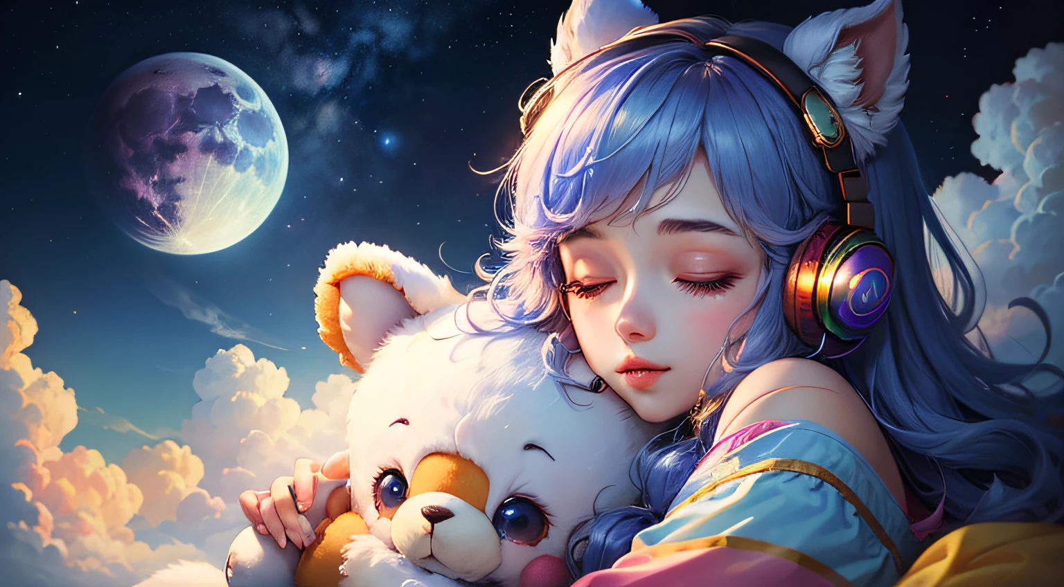 colorful、on clouds、kosmos、Big Moon、realistic、The girl is sleeping、She wears delicate headphones that blend into her hair, Only one stuffed animal、超A high resolution