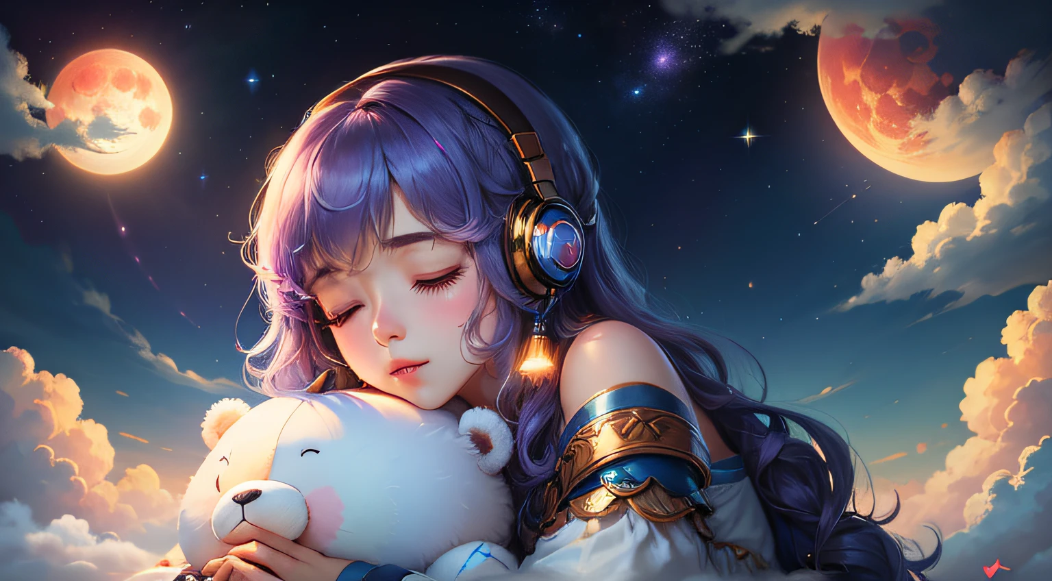 colorful、on clouds、kosmos、Big Moon、realistic、The girl is sleeping、She wears delicate headphones that blend into her hair, Only one stuffed animal、超A high resolution