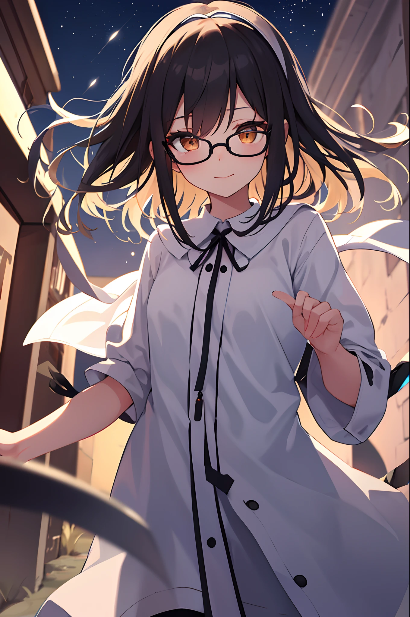 (masutepiece, Best Quality, Capture super cute moments, depth of fields, ultra-detailliert, Ultra High Resolution, C4D, Octadale, 3D Modeling, 8K, 16 K, one girls,a , small tits,A dark-haired,short-hair,straight haired,Light brown eyes,Break the white headband,wearing black glasses,Cute face), Please draw the image of a mysterious girl standing in a deep crimson darkness. Her eyes shine like stars, illuminating the darkness around her. She has a faint smile on her face, and her long black hair flows in the wind. Mysterious symbols and ancient runes seem to materialize around her, their meanings shrouded in enigma. Please depict this enigmatic girl.