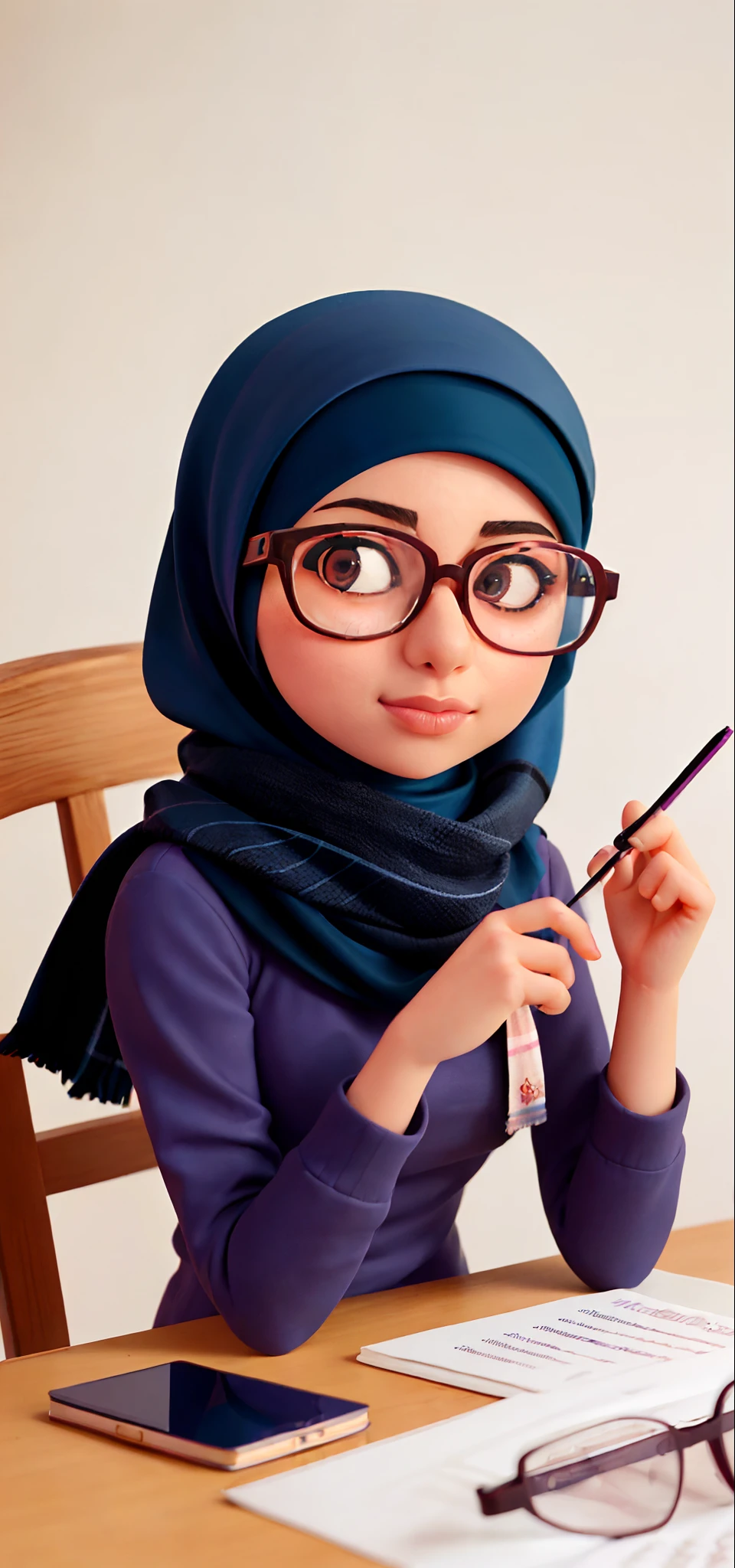 young woman wearing glasses and a scarf sitting at a table, a picture inspired by Shaddy Safadi, instagram, hijab, with glasses, student, with accurate face, with square glasses, protrait, picture, close up potrait, solo