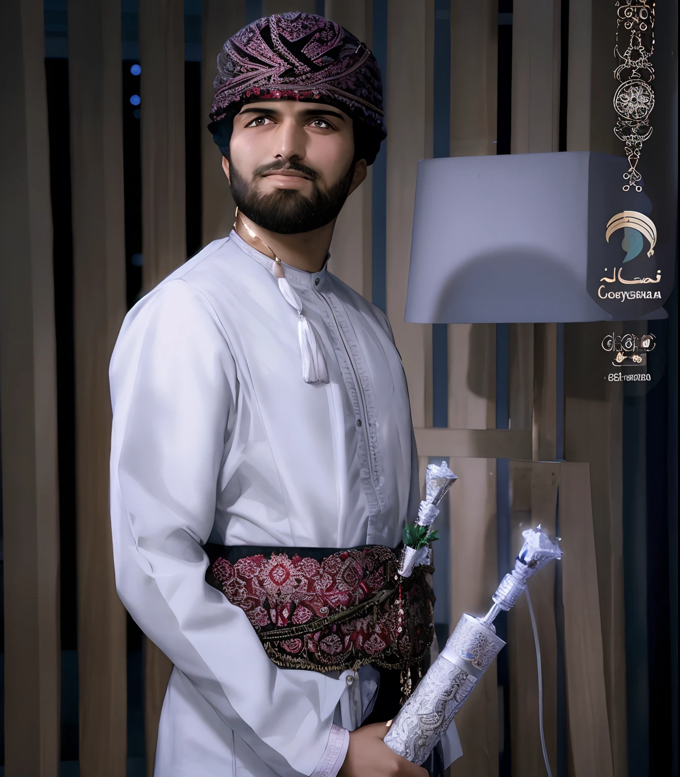 A man known for his traditional dress carrying a large metal object, Arab man, captured on canon eos r 6, Arab man with a light beard, Shot with the Canon EOA 6 D Mark II, traditional clothing, shot on canon eos r 5, shot on canon eos r5, Captured with a Canon 5D MK4, Wearing traditional dress, Dressed dress, traditional clothing