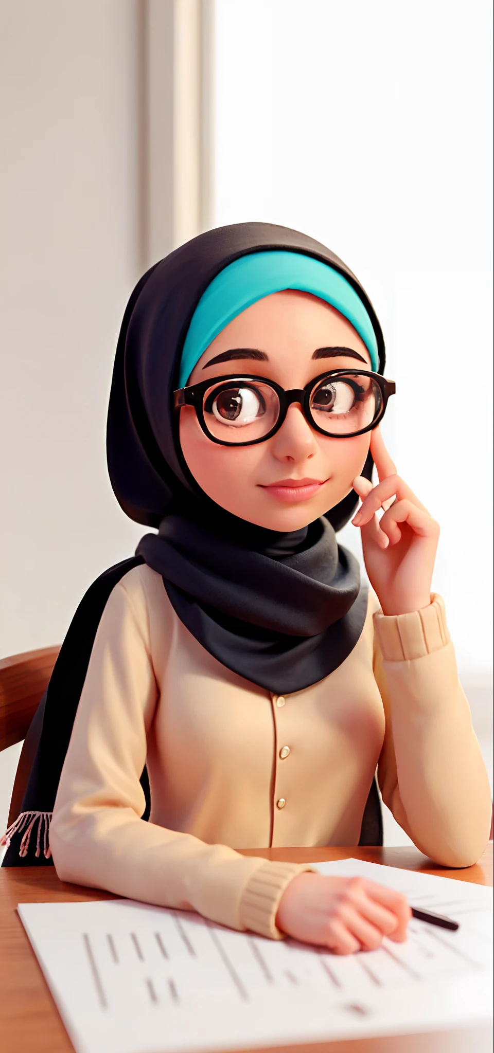 young woman wearing glasses and a scarf sitting at a table, a picture inspired by Shaddy Safadi, instagram, hijab, with glasses, student, with accurate face, with square glasses, protrait, picture, close up potrait, solo