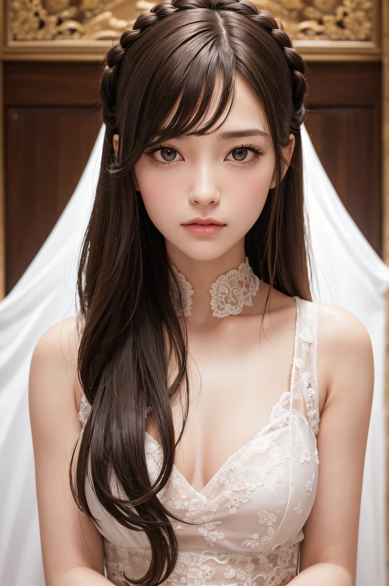 (masutepiece:1.3), High resolution, ultra-detailliert, the Extremely Detailed CG Unity 8K Wallpapers, Realistic, Photorealsitic, Raw photo, beautifull detailed face, Facial balance is the golden ratio、pale skin, realistic glistening skin, Detailed Cloth Texture, detailed hair texture, Perfect body, Beautiful face, acurate, Anatomically correct, Highly detailed face and skin texture, Natural neck length, (Fair skin:1.2), thin legs, Thin feet, (Aligned teeth:1.1), Sweaty skin, BREAK, Detailed eyes, symmetrical eye, Light brown eyes, Double eyelids, Thin eyebrows, (Sleepy eyes:1.1), (Glossy lips:1.4), (Mouth waiting for a kiss:1.2), (blush:1.2), (Small hair accessories that sparkle:1.1), BREAK, (classy girl:1.3), (Wearing (doress:1.2) With a white floral pattern), BREAK, ((Close Up Shot:1.2)), medium breasts, Slender figure, Firm abs, ((up do hairstyle, Dark blonde hair, Wavy Hair, Long hair:1.1)), ((asymmetric bangs:1.2)),