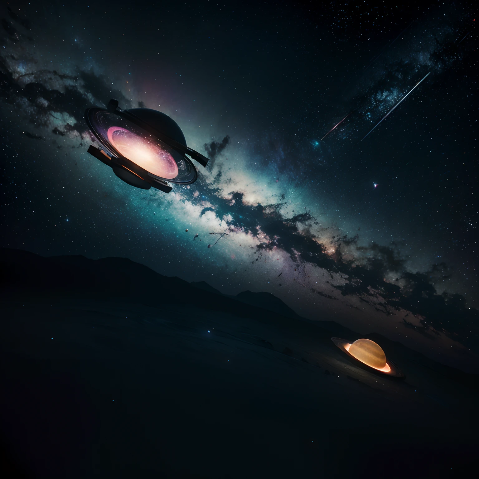 galaxy with neon-style planets in dark