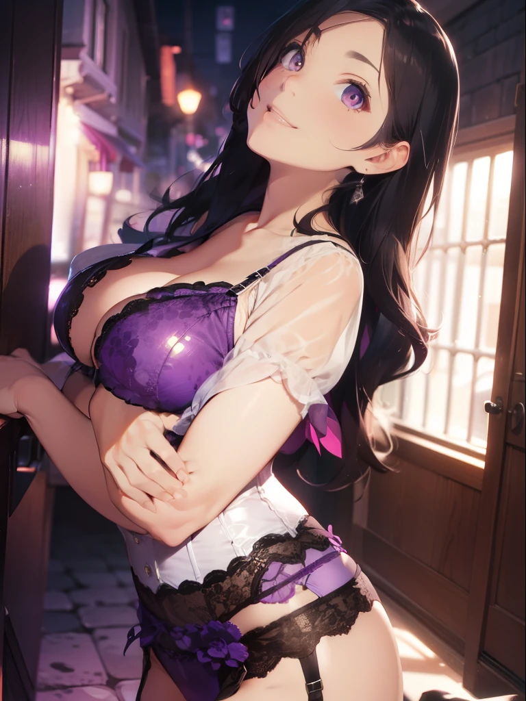 ultra-quality, ultla highres, Hyper Detailed, High contrast, Ultrafine Strike, creative refinement,A dark-haired, ssmile,Purple corset,purple garter belt,Clubhouse at night