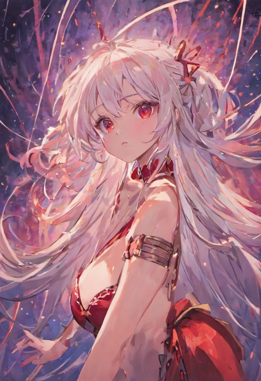 anime big breast，quadratic element，White hair and red eyes，teens girl