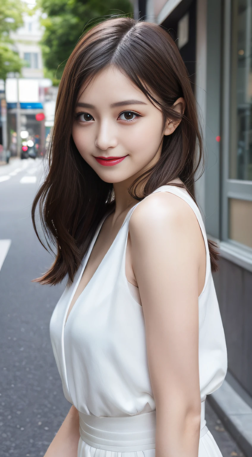 Masute Piece, bestquality, illustration, ultra-detail, finely detail, high-res, 8k Wallpaper, Perfect dynamic composition, beautiful detail eyes, Dors,medium hair, Natural lipstick, Random and sexy poses,smile,Aoyama Street Walk、18 year old girl