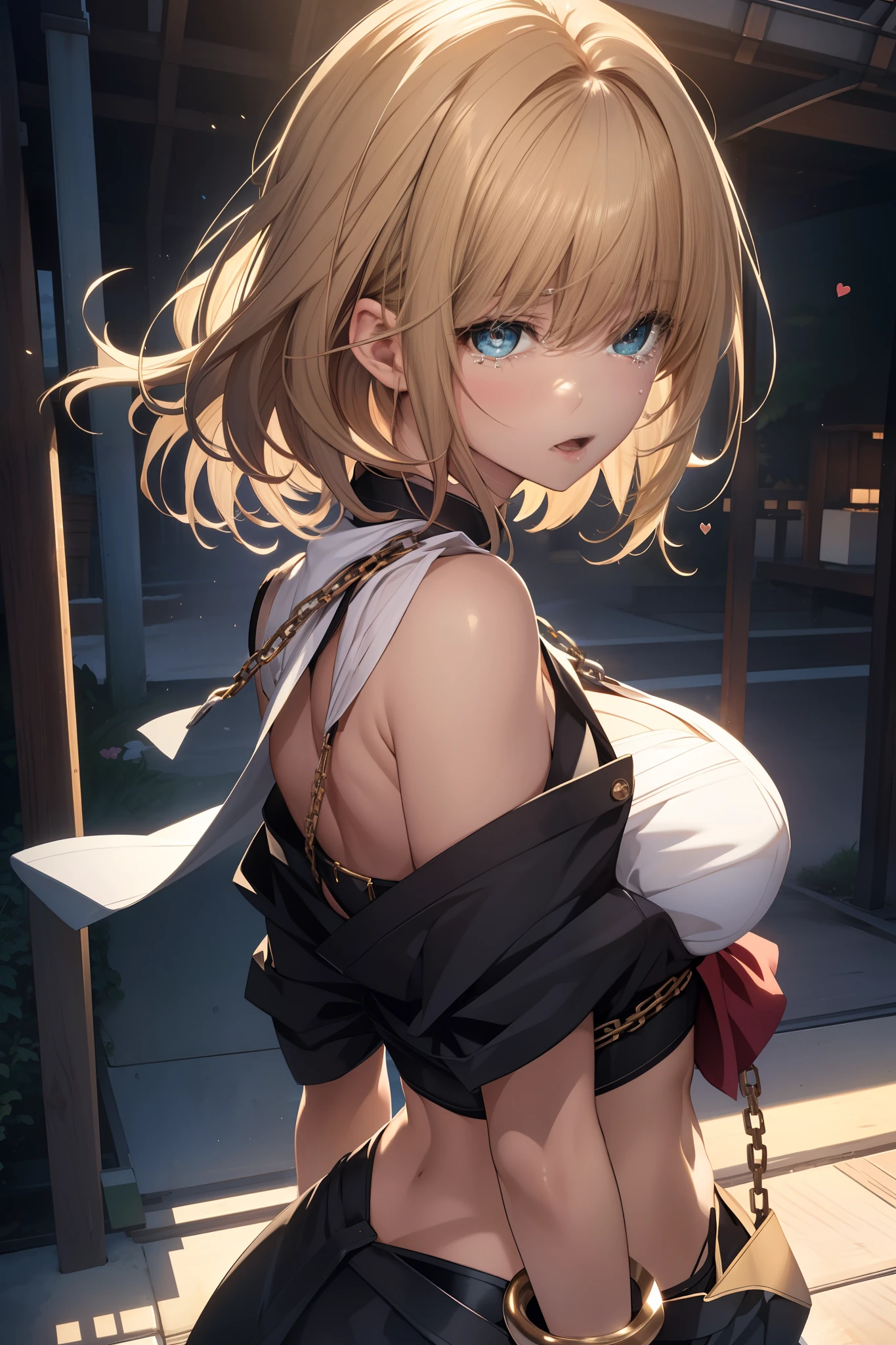 Blown by the long wind [blue-black:.3] hair,Looking at Viewer, (masutepiece:1.3), (8K, Photorealistic, Raw photo, Best Quality: 1.4), Japanese, (1girl in), Beautiful face, (Realistic face),{Wavy medium hair|Bob with long bangs|short hair with long bangs}{Black hair|Brown hair|Blonde hair}, Beautiful hairstyle, Realistic eyes, Beautiful detailed eyes, (Realistic skin), Beautiful skin, Attractive, 超A high resolution, A hyper-realistic, Highly detailed, Golden ratio,​masterpiece,​master piece、1人、独奏、Blue-haired、short-haired、Hair intake、ripped clothing、Cuffed、chains、a navel、tears、(back arms:1.2)、shackle、shibari、chains、Heart-shaped pupil、open open mouth、Sailor Moon Cosplay、No underwear
