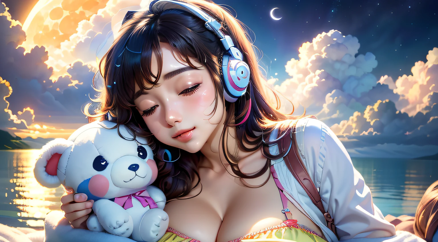 colorful、on clouds、kosmos、Big Moon、realistic、The girl is sleeping、She wears delicate headphones that blend into her hair, Only one stuffed animal、超A high resolution