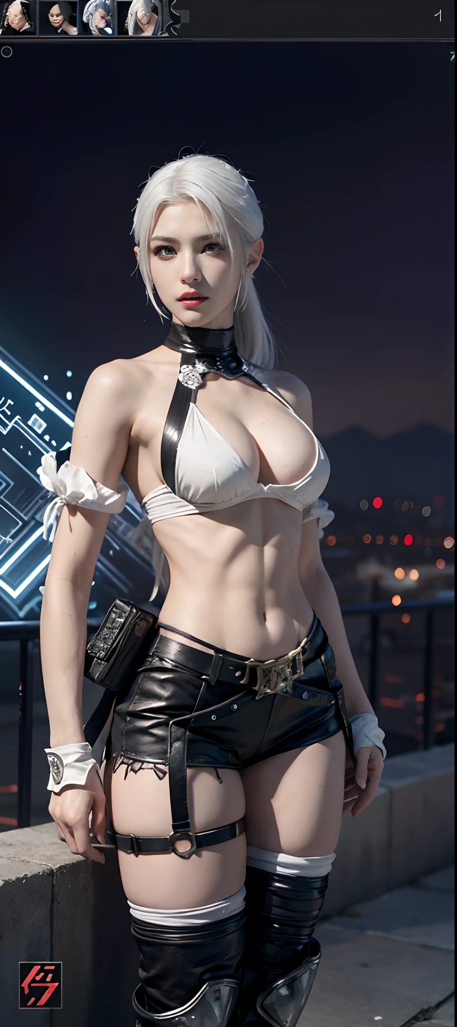a close up of a person in a costume with a sword, as a character in tekken, female character, tifa lockhart with white hair, katana zero video game character, lunar themed attire, kda, slim body, cyborg - girl with silver hair, upper body avatar, (( medium breast;1.2)), fashion gameplay screenshot, fighting game character, new character, floralpunk elysian maiden, sigma female