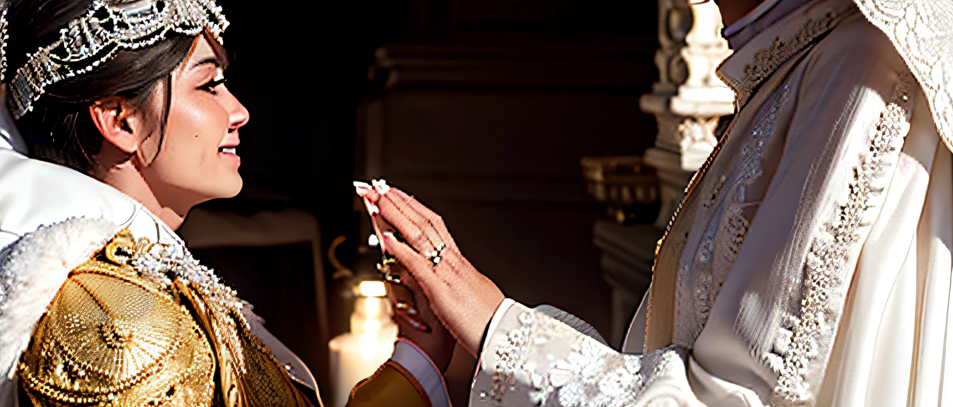 Bride and groom during the wedding ceremony, Hands in the frame close-up, holding each other's hands, Bride wears rings with diamonds on her fingers, The groom has a black and gold ring on his finger, white robes
