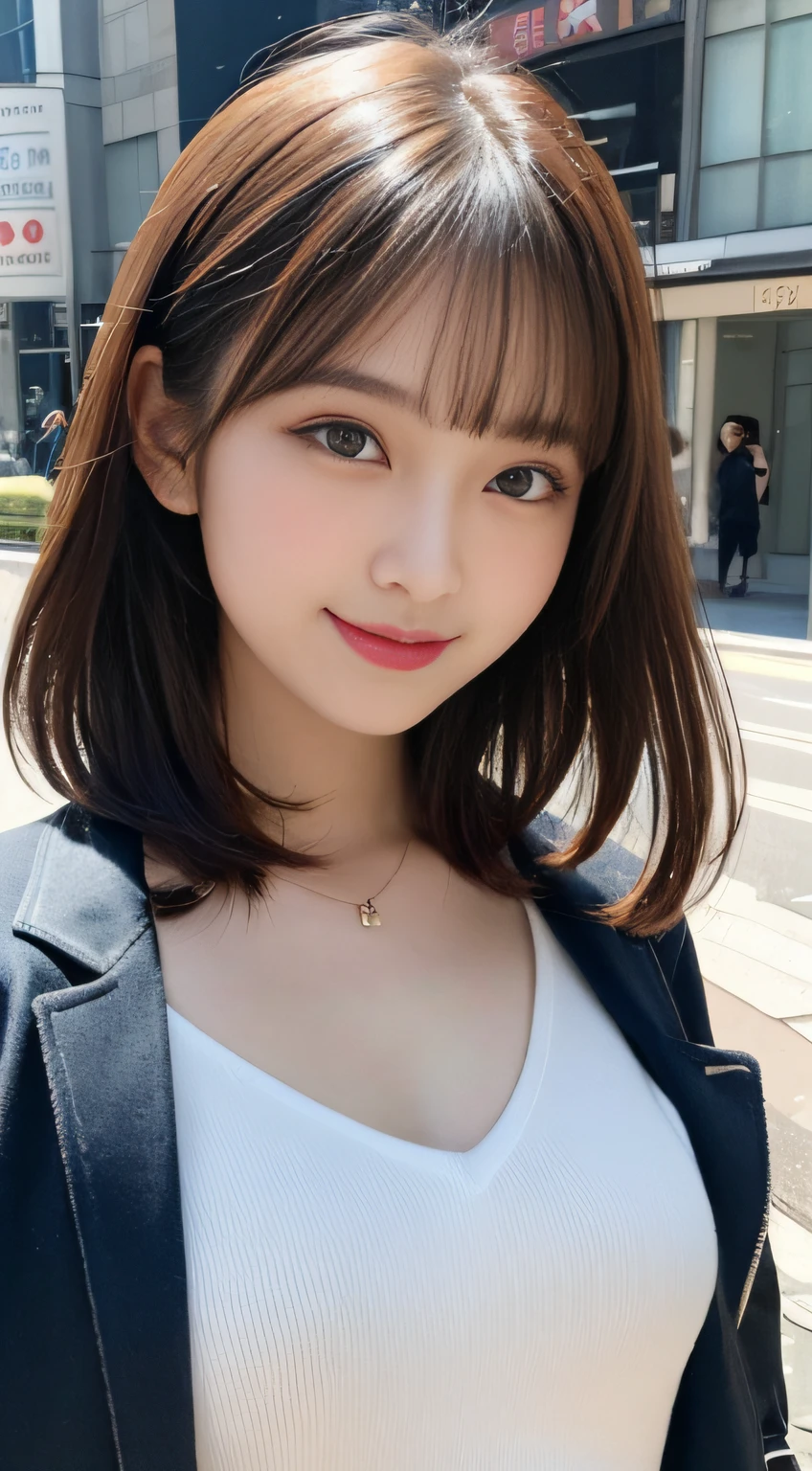 Masute Piece, bestquality, illustration, ultra-detail, finely detail, high-res, 8k Wallpaper, Perfect dynamic composition, beautiful detail eyes, Dors,medium hair, Natural lipstick, Random and sexy poses,smile,Aoyama Street Walk、18 year old girl