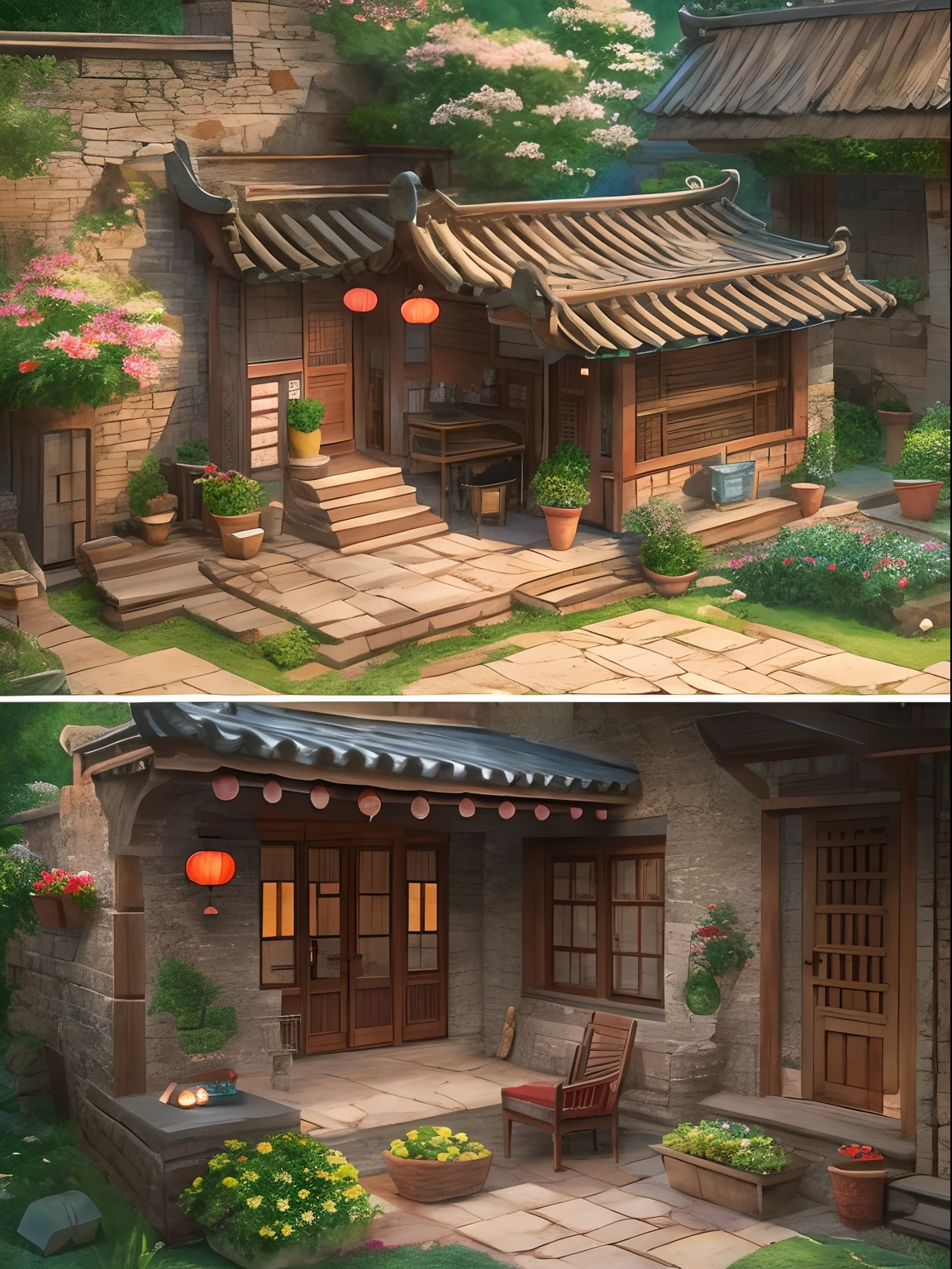 In the 80s of the 19th century, Rural China,Adobe brick house,One-story low house,There is a painting of a house with a patio and a table, Detailed scenery —width 672, immensely detailed scene, Multidimensional cozy little yard, highly detailed scenario, high detal), hyper detailed scene, high detal, realistic 3 d style,cozy place, peaceful scene,Works of masters,Anime background art,ghibli studio art
