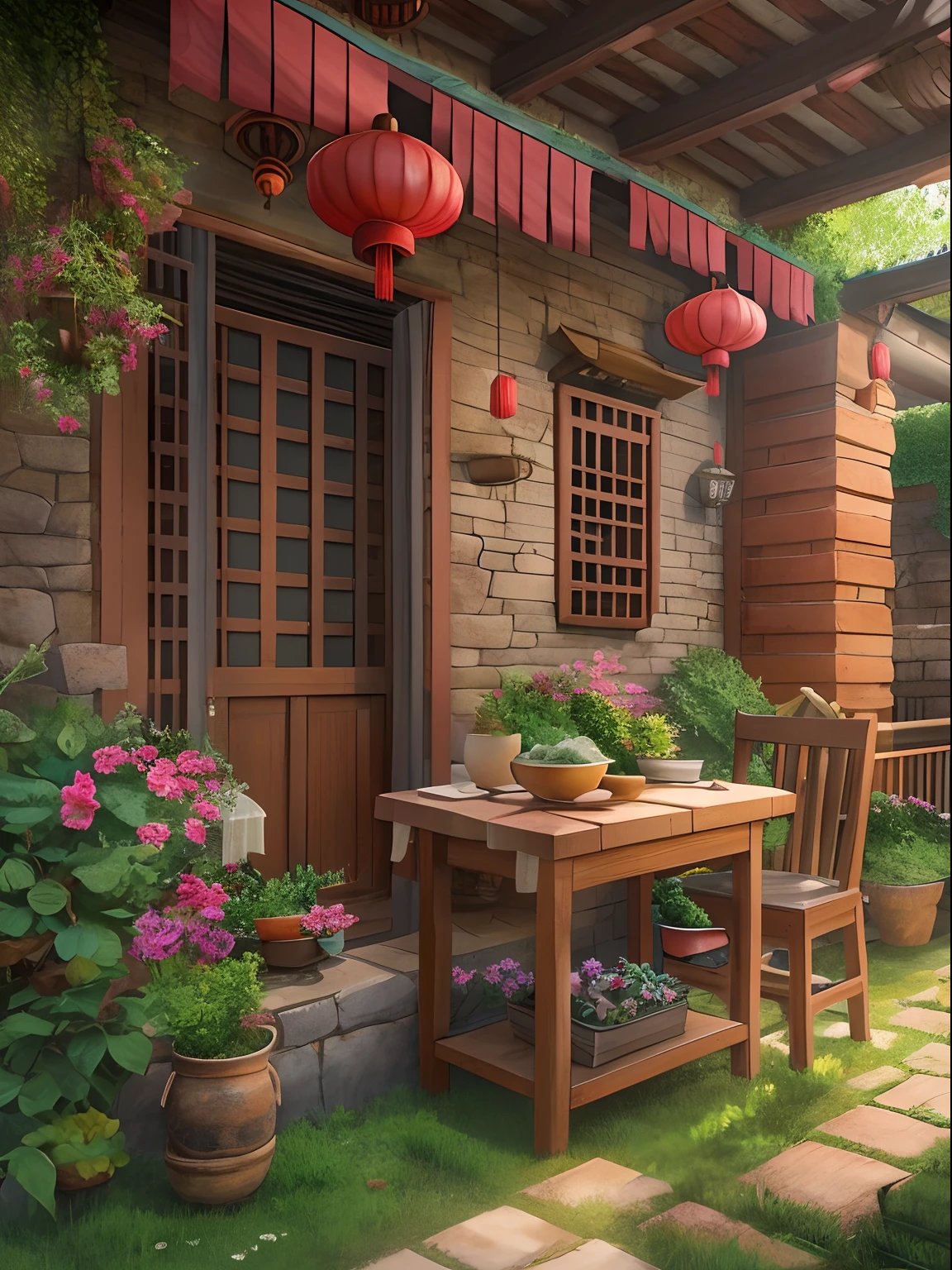 In the 80s of the 19th century, Rural China，Adobe brick house，One-story low house，There is a painting of a house with a patio and a table, Detailed scenery —width 672, immensely detailed scene, Multidimensional cozy little yard, highly detailed scenario, high detal), hyper detailed scene, high detal, realistic 3 d style，cozy place, peaceful scene，Works of masters，Anime background art，ghibli studio art