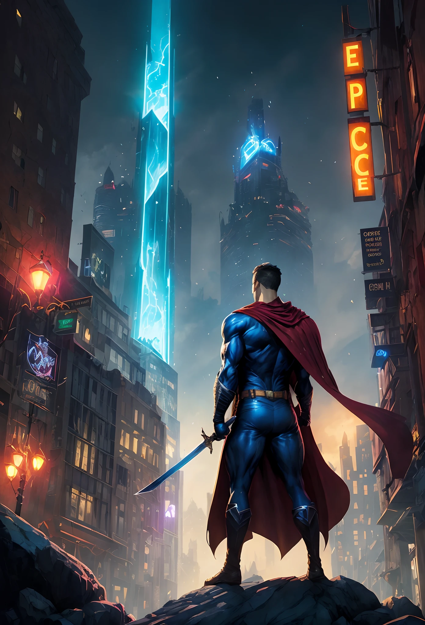 a man in a cape and caped standing on a rocky hill with a sword, dc comics art style, epic comic book style, heroic fantasy art, super hero art, the strongest superhero, dark supervillain, hero pose colorful city lighting, epic comic book art, style of raymond swanland, inspired by Jim Lee, dc comics style, epic fantasy art style hd