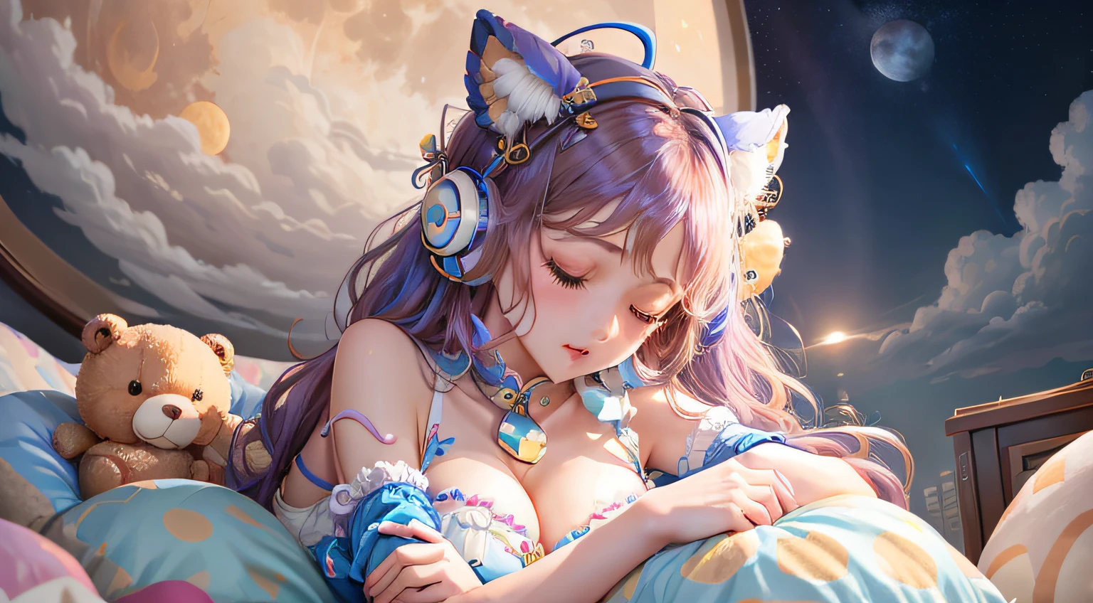 colorful、on clouds、kosmos、Big Moon、realistic、The girl is sleeping、She wears delicate headphones that blend into her hair, Only one stuffed animal、超A high resolution