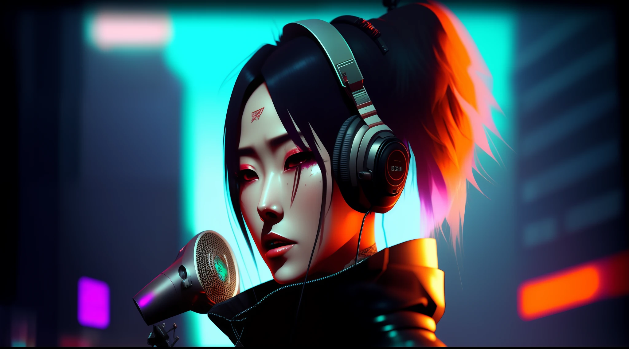 uma mulher com fones de ouvido segurando um microfone e usando fones de ouvido, Inside the recording studio. Arte no estilo de Guweiz, Arte digital Ilya Kuvshinov, estilo de arte realista, Elogio Artstyle, estilo cyberpunk hiper-realista, Retrato Lofi, inspirado em Liam Wong, Inspirado em Song Maojin, estilo de arte cyberpunk, estilo anime. 8k