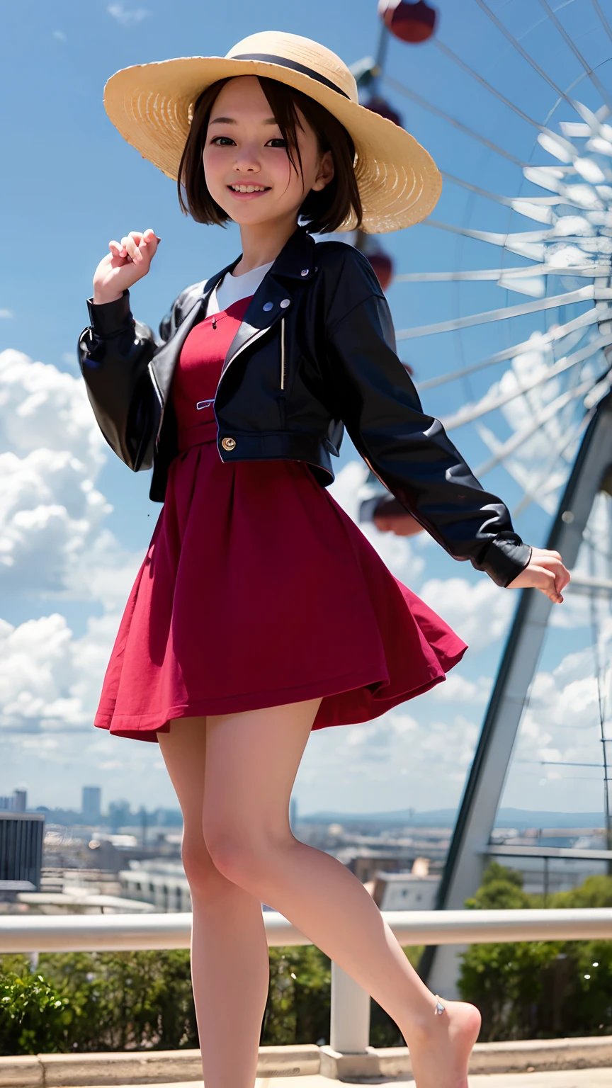 Trapeze girl。She wears a red dress and a white hat.、She has short black hair.。Although she bravely turned over,,,,,,,,,,,,、The smile is very cute。There were no socks or shoes on her feet、Barefoot on trapeze。She looked free and happy.、The envy of viewers。Blue sky and clouds on background、Skyscrapers and Ferris wheels can be seen in the distance。In contrast to the hustle and bustle of the city、She plays quietly in the air、The skirt flips up.